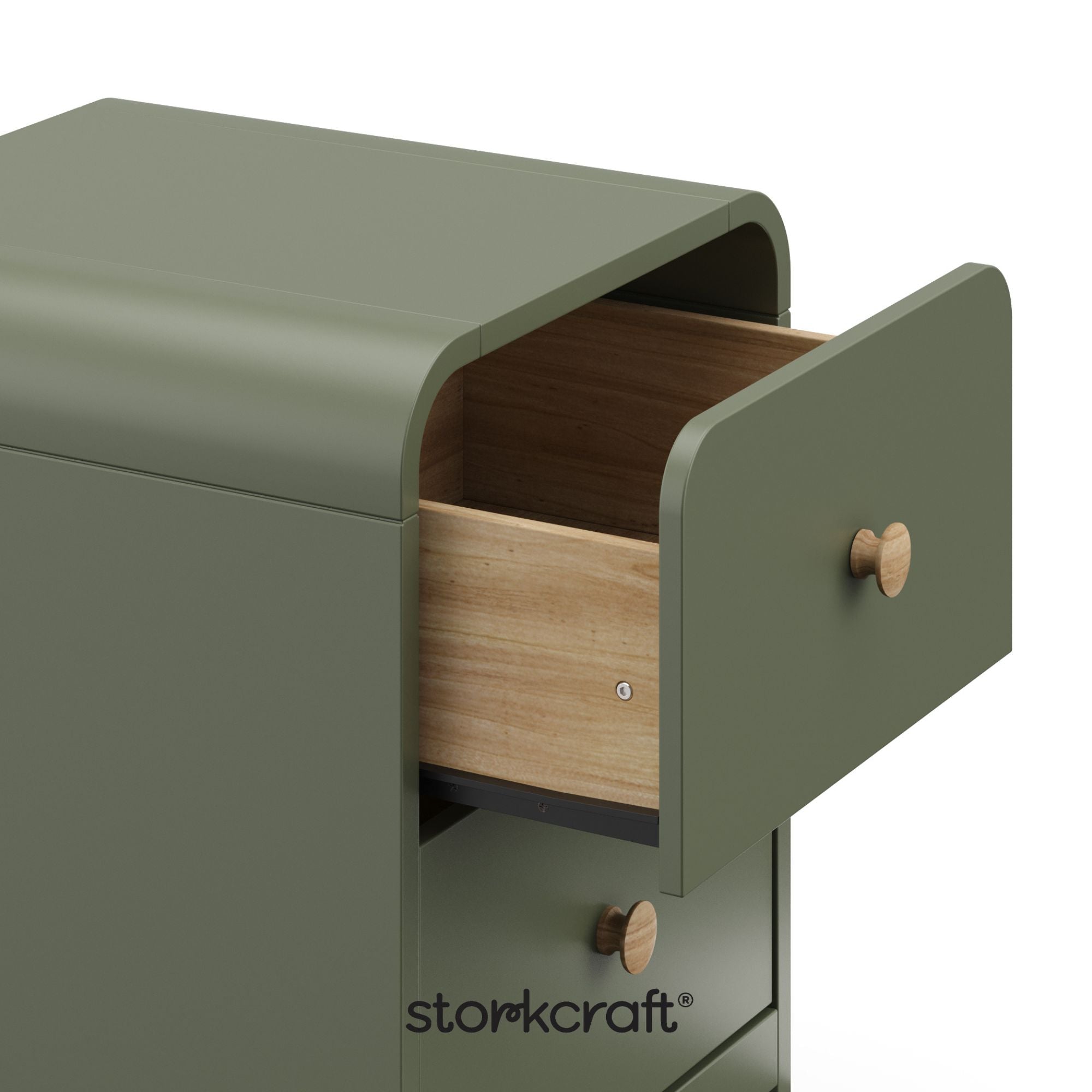 Santos olive 2 drawer nightstand with Storkcraft logo on bottom