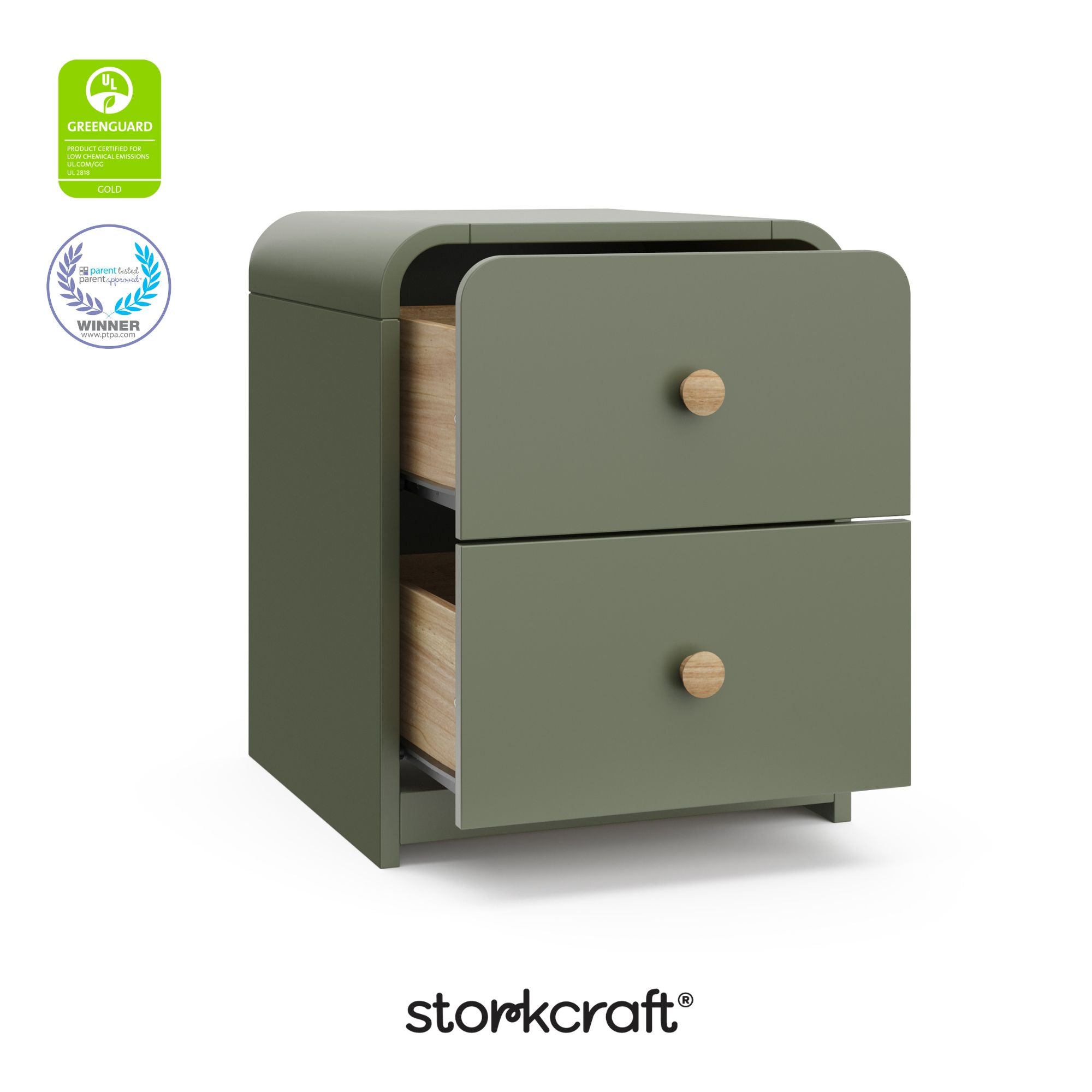Santos olive 2 drawer nightstand with GGG and PTPA logos on top left