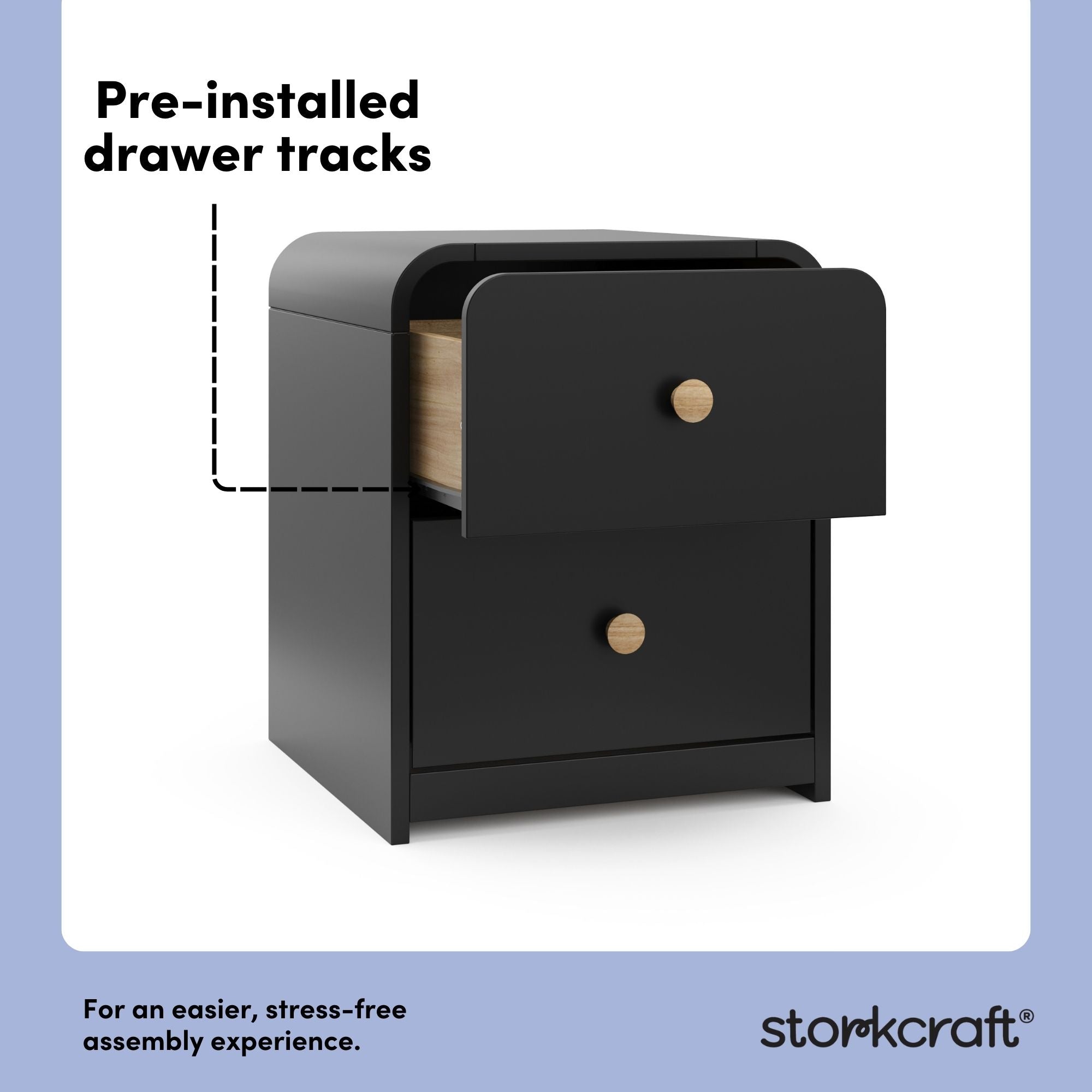 Santos black 2 drawer nightstand pre-installed drawer tracks callout