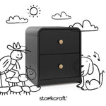 Santos black 2 drawer nightstand with black doodles overlaid on image