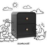 Santos black 2 drawer nightstand with black doodles overlaid on image