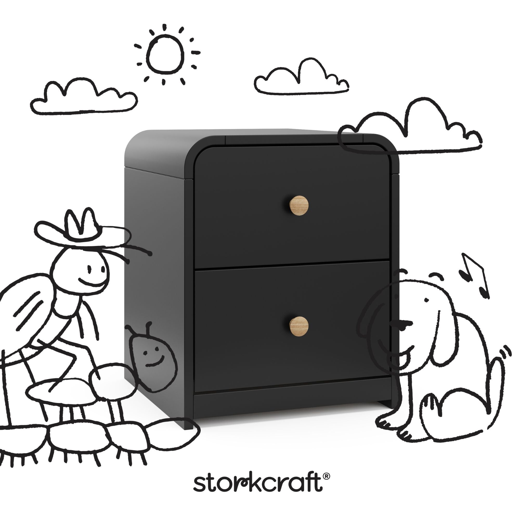 Santos black 2 drawer nightstand with black doodles overlaid on image