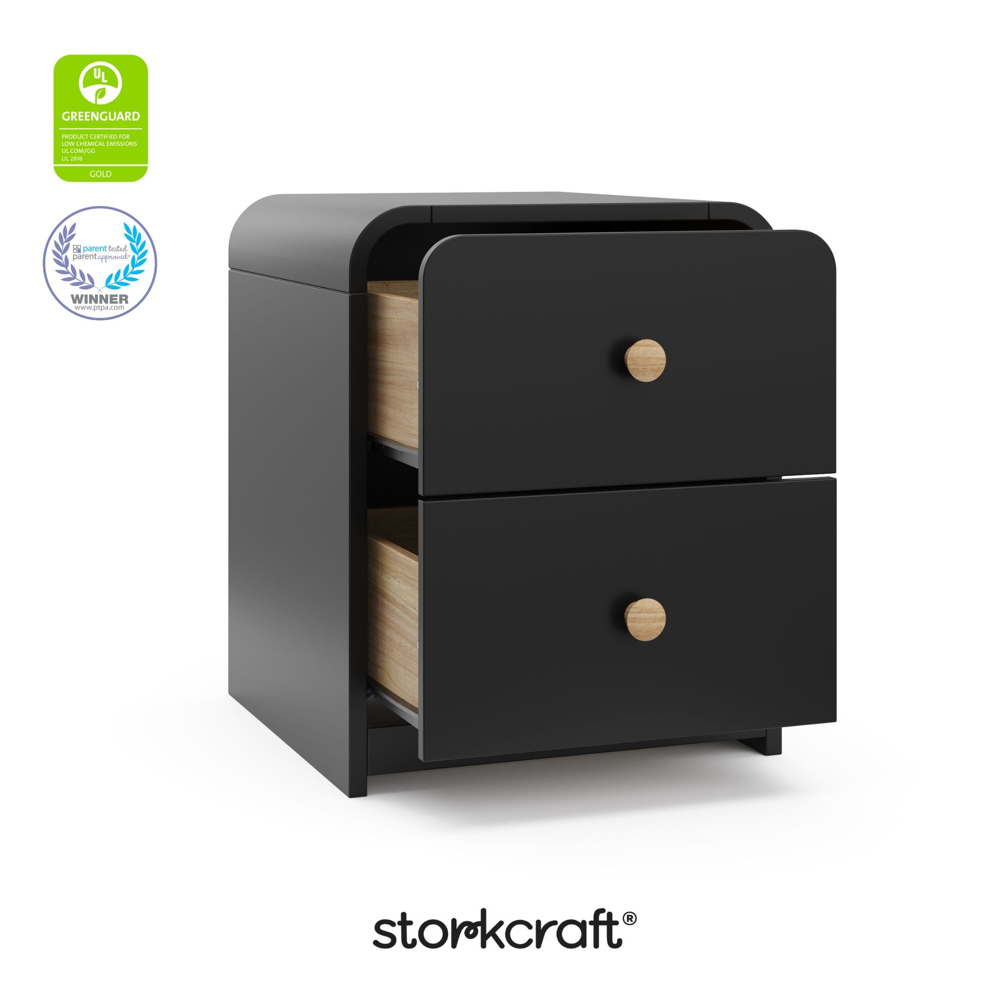 Santos black 2 drawer nightstand with GGG and PTPA logos on top left