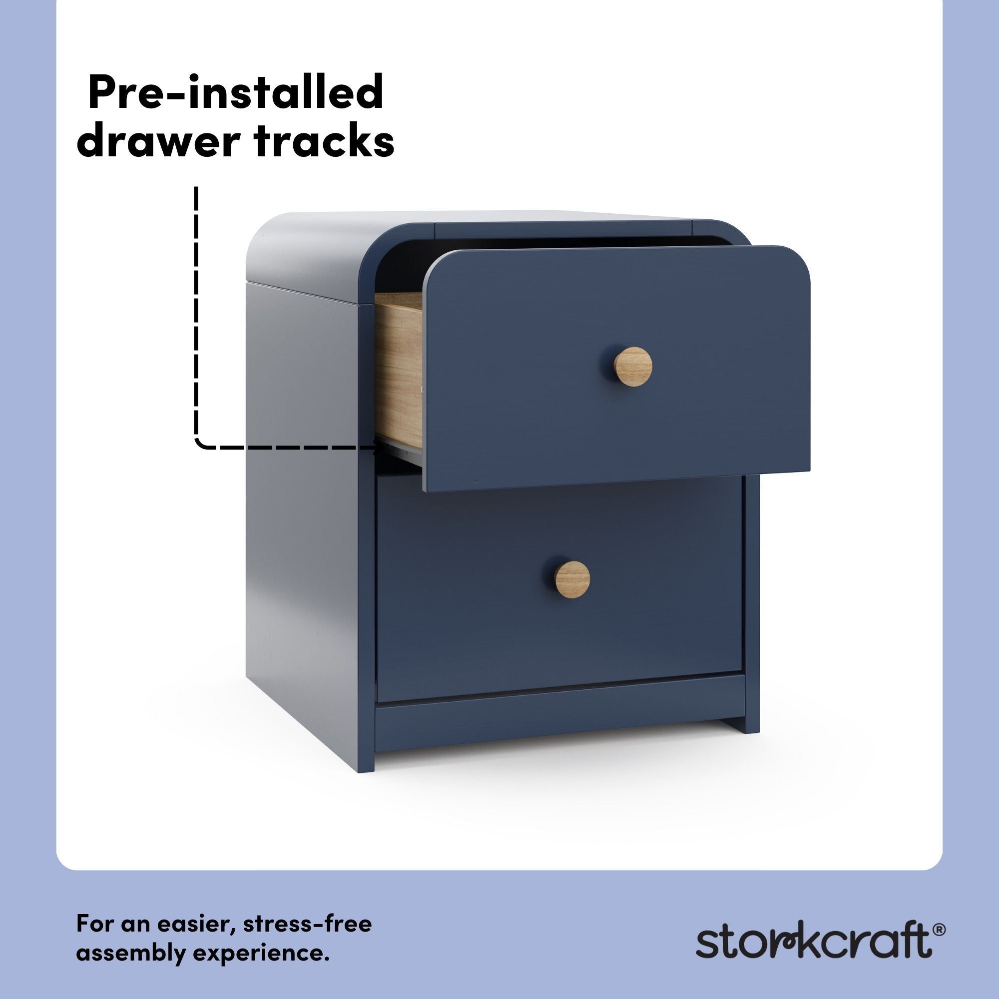 Santos midnight blue 2 drawer nightstand pre-installed drawer tracks callout