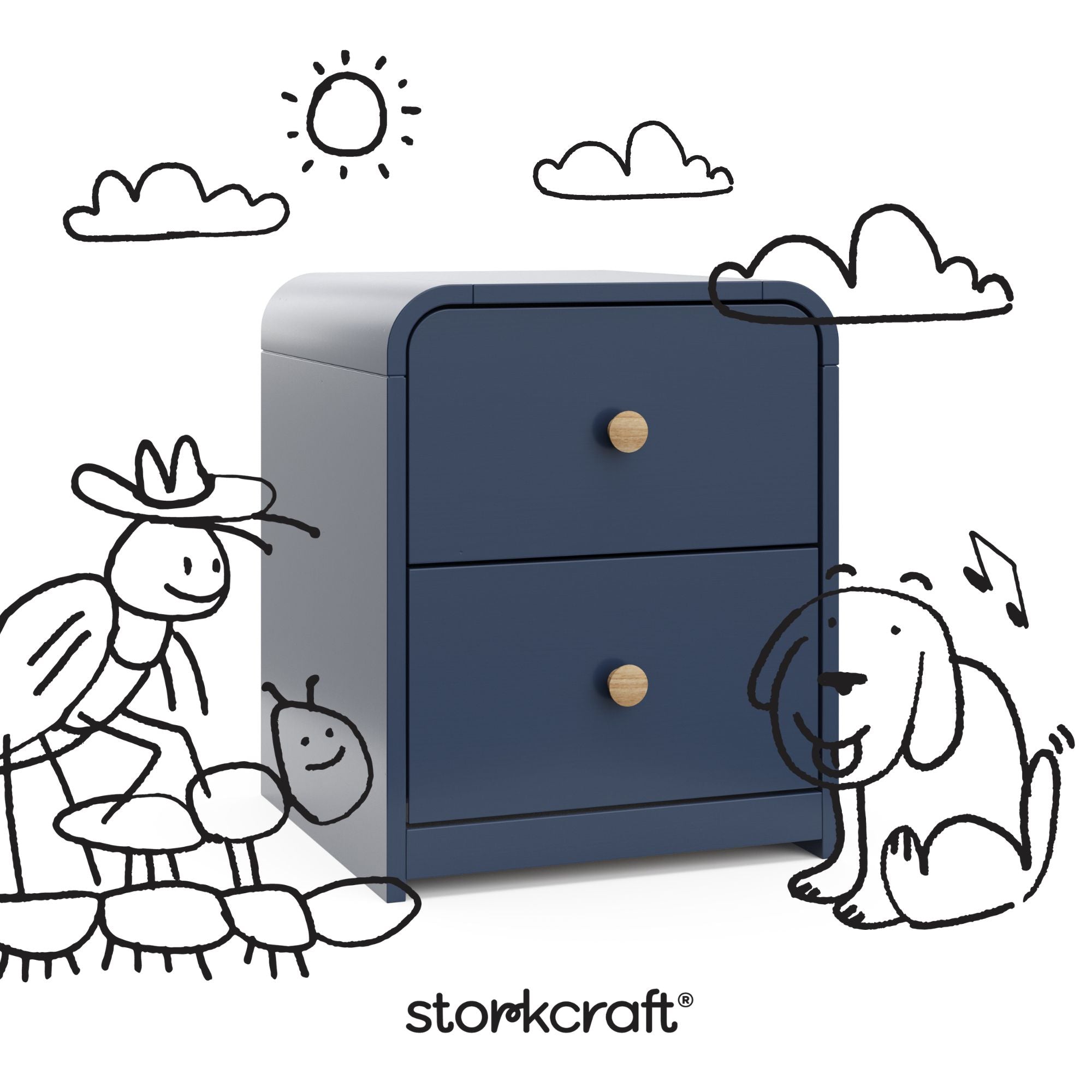Santos midnight blue 2 drawer nightstand with black doodles overlaid on image