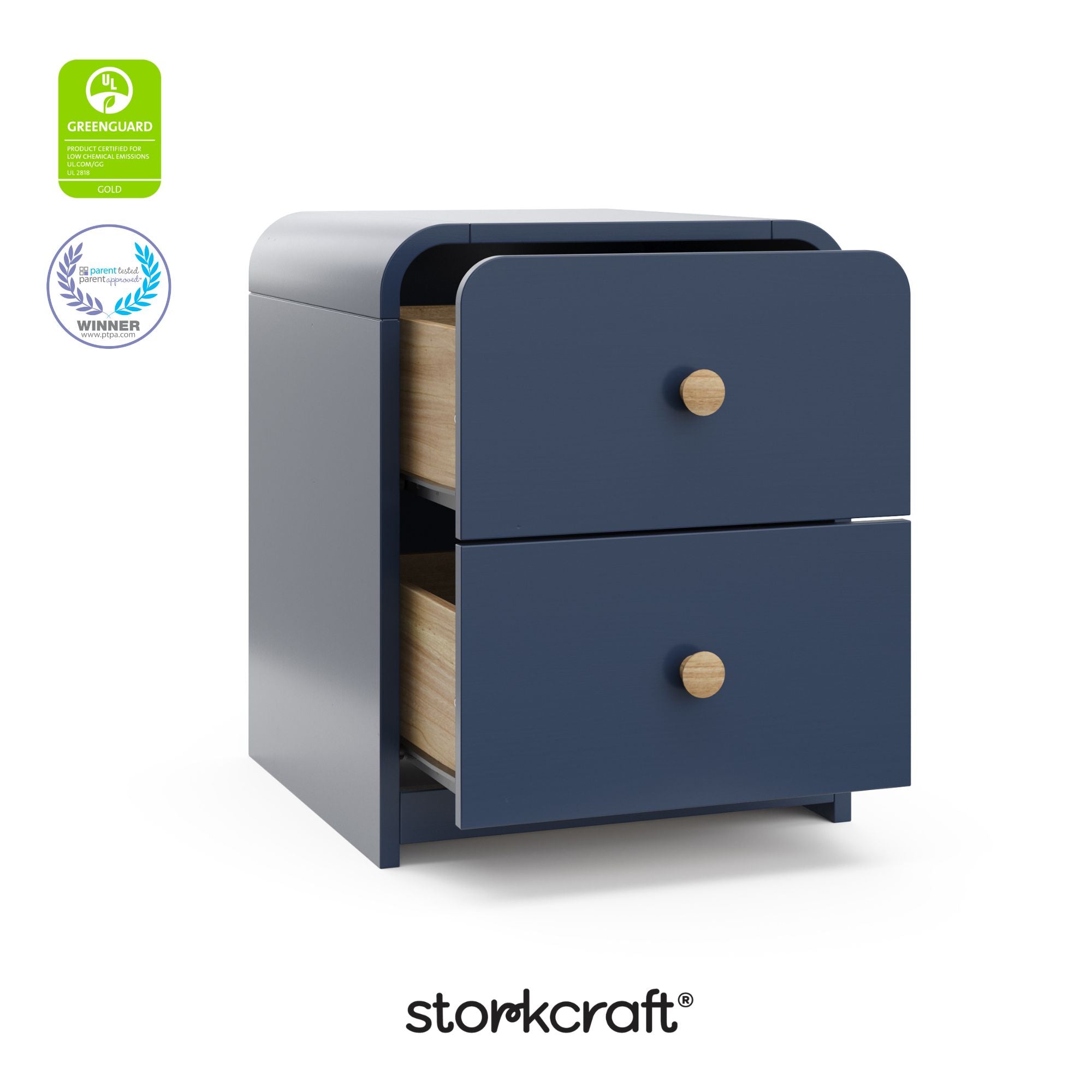 Santos midnight blue 2 drawer nightstand with GGG and PTPA logos on top left