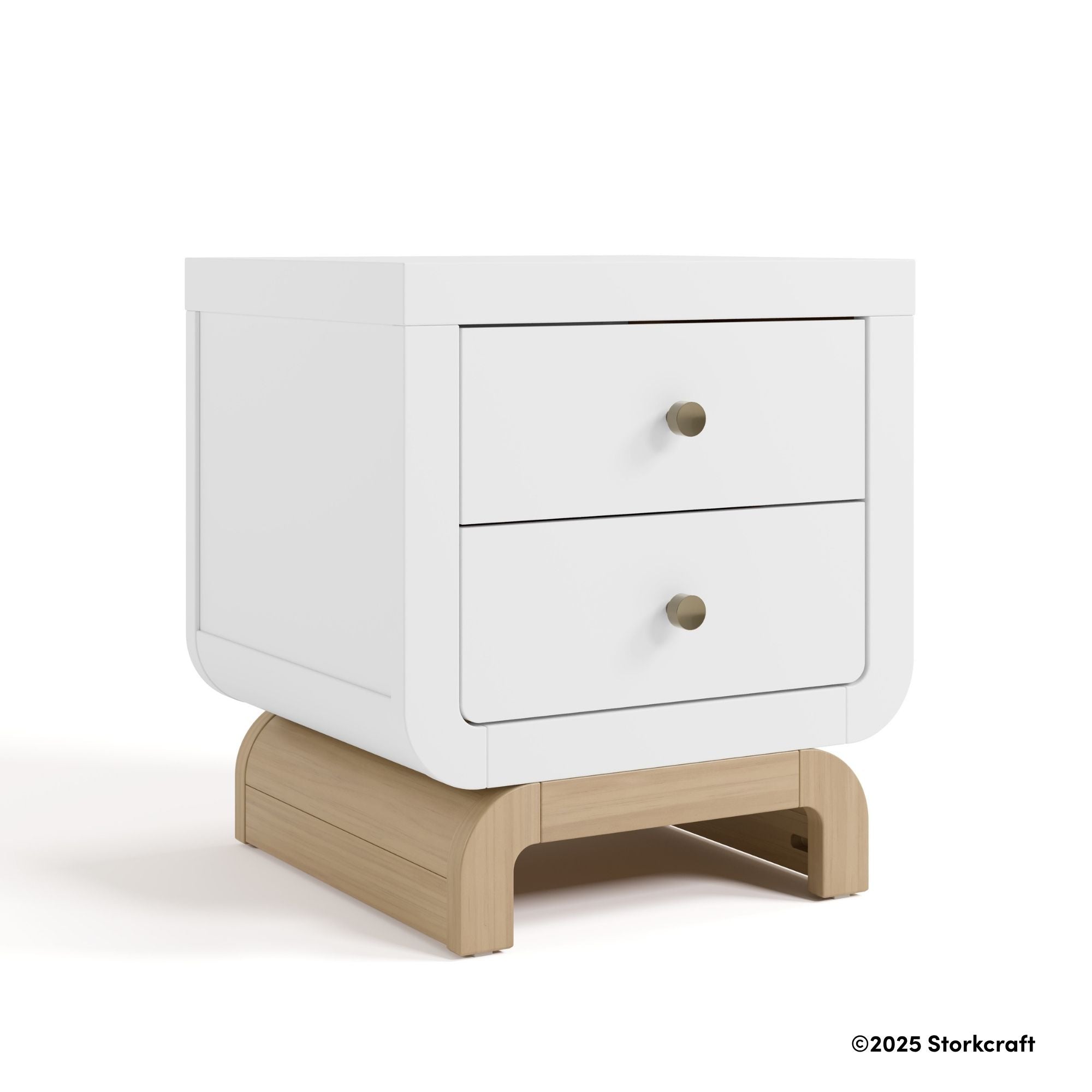 Santorini white with driftwood 2 drawer nightstand with 2025 Storkcraft copyright on bottom right