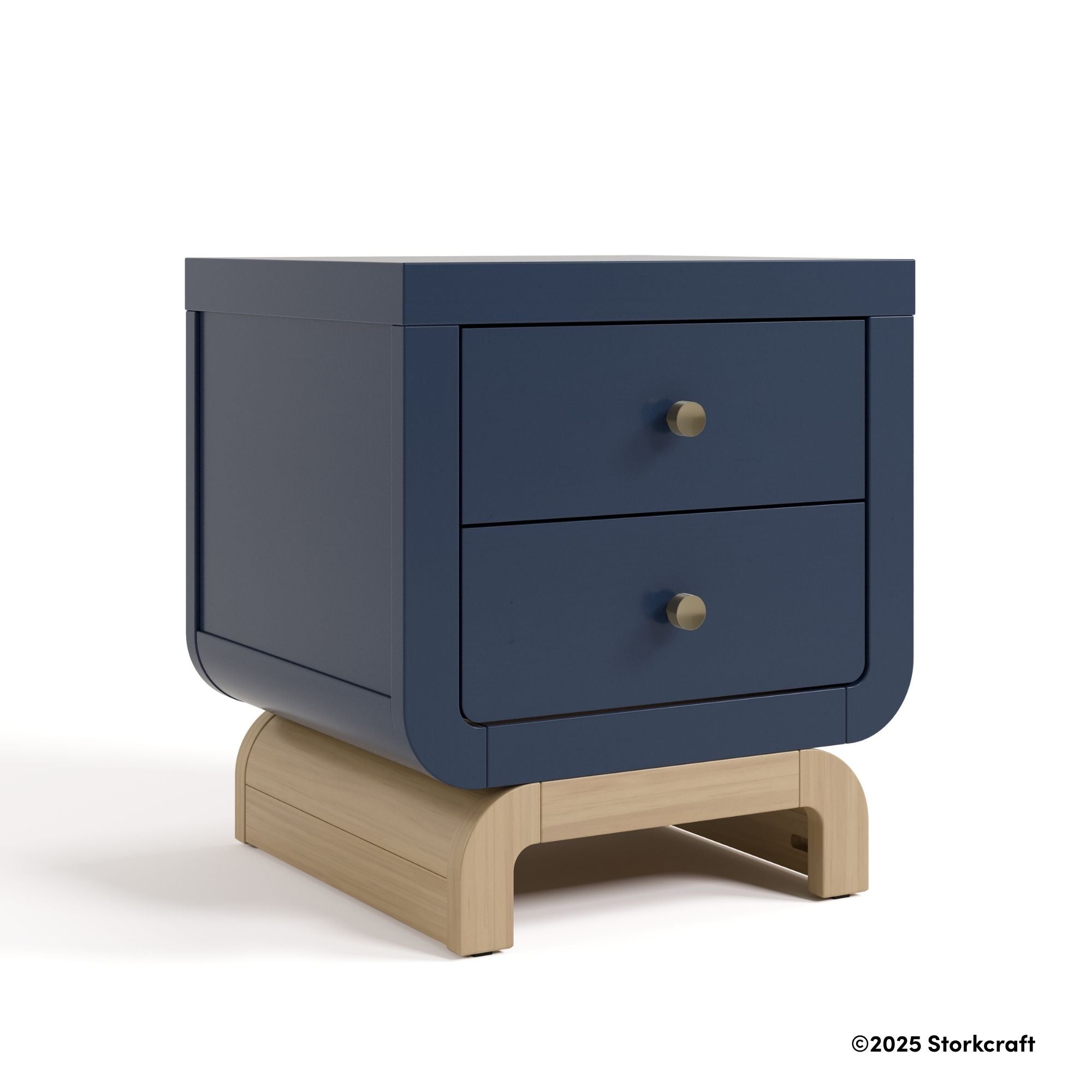 Santorini midnight blue with driftwood 2 drawer nightstand with 2025 Storkcraft copyright on bottom right