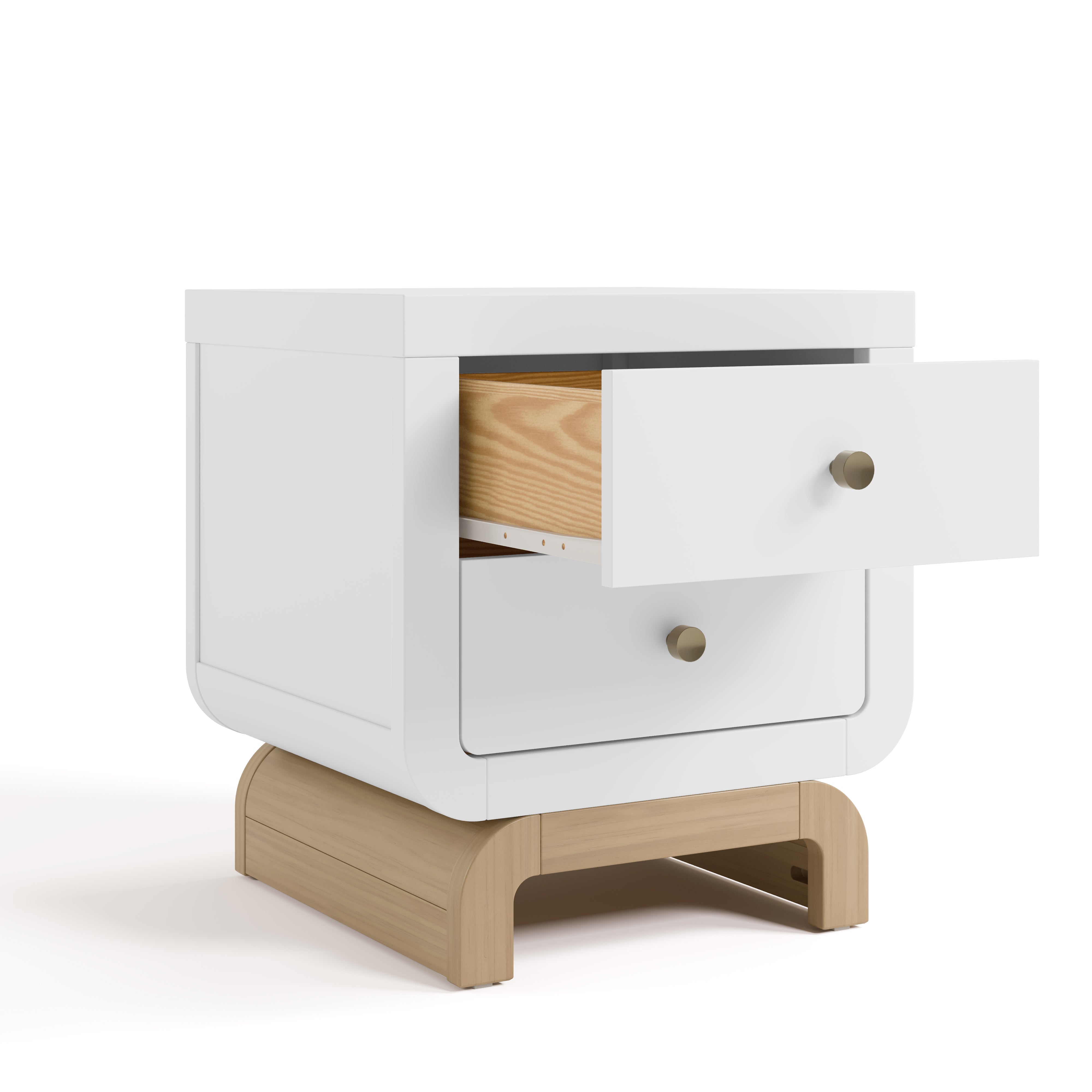 Santorini white with driftwood 2 drawer nightstand angle view with top drawer open