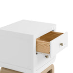 Santorini white with driftwood 2 drawer nightstand close up view of top drawer open
