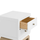 Santorini white with driftwood 2 drawer nightstand close up view of top drawer open