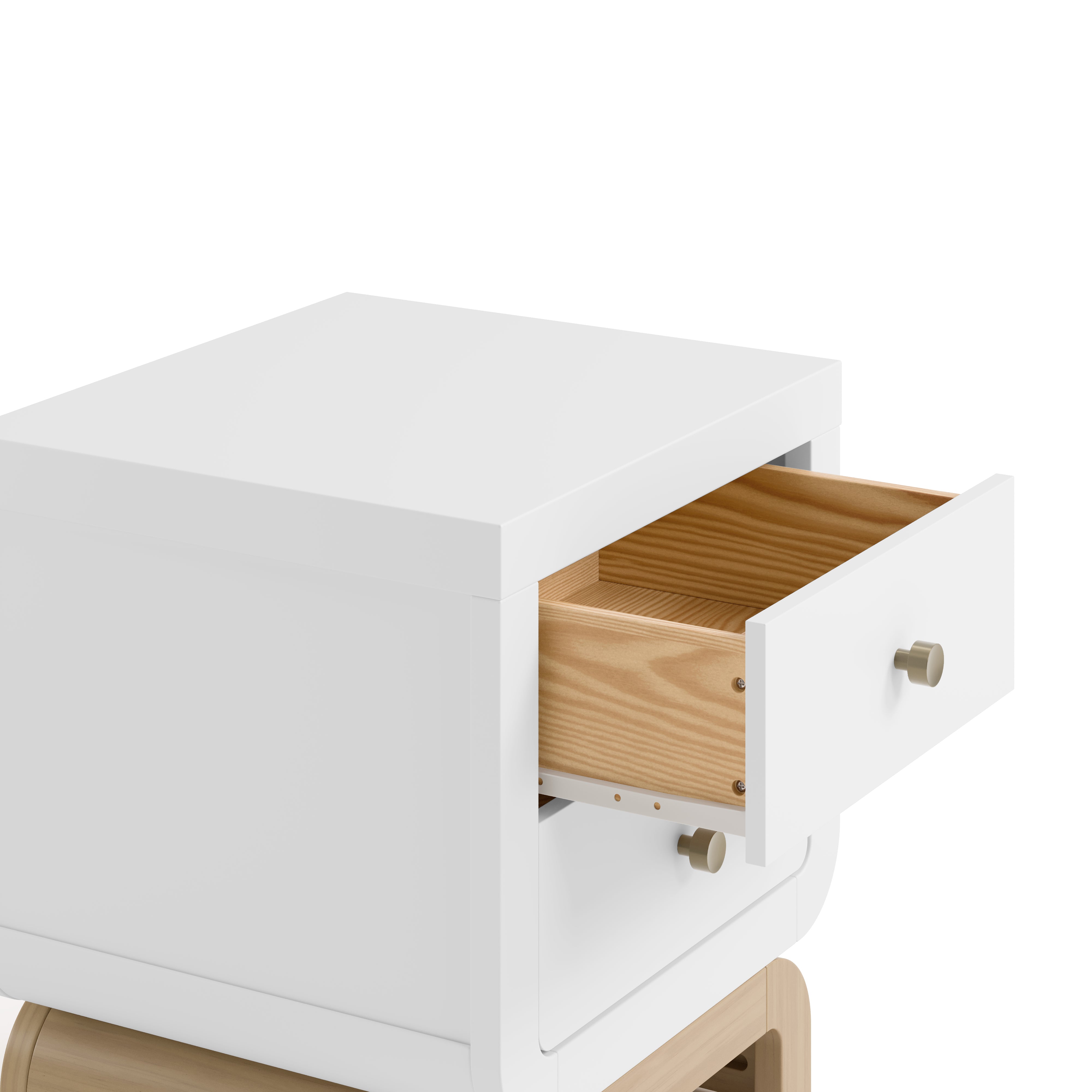 Santorini white with driftwood 2 drawer nightstand close up view of top drawer open
