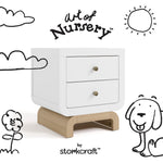 Santorini white with driftwood 2 drawer nightstand with black doodles overlaid on image