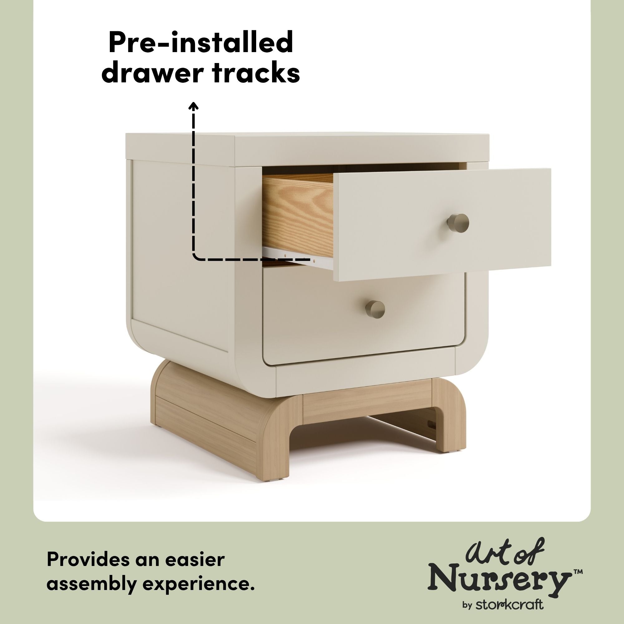 Santorini frosted oat with driftwood 2 drawer nightstand pre-installed drawer tracks callout