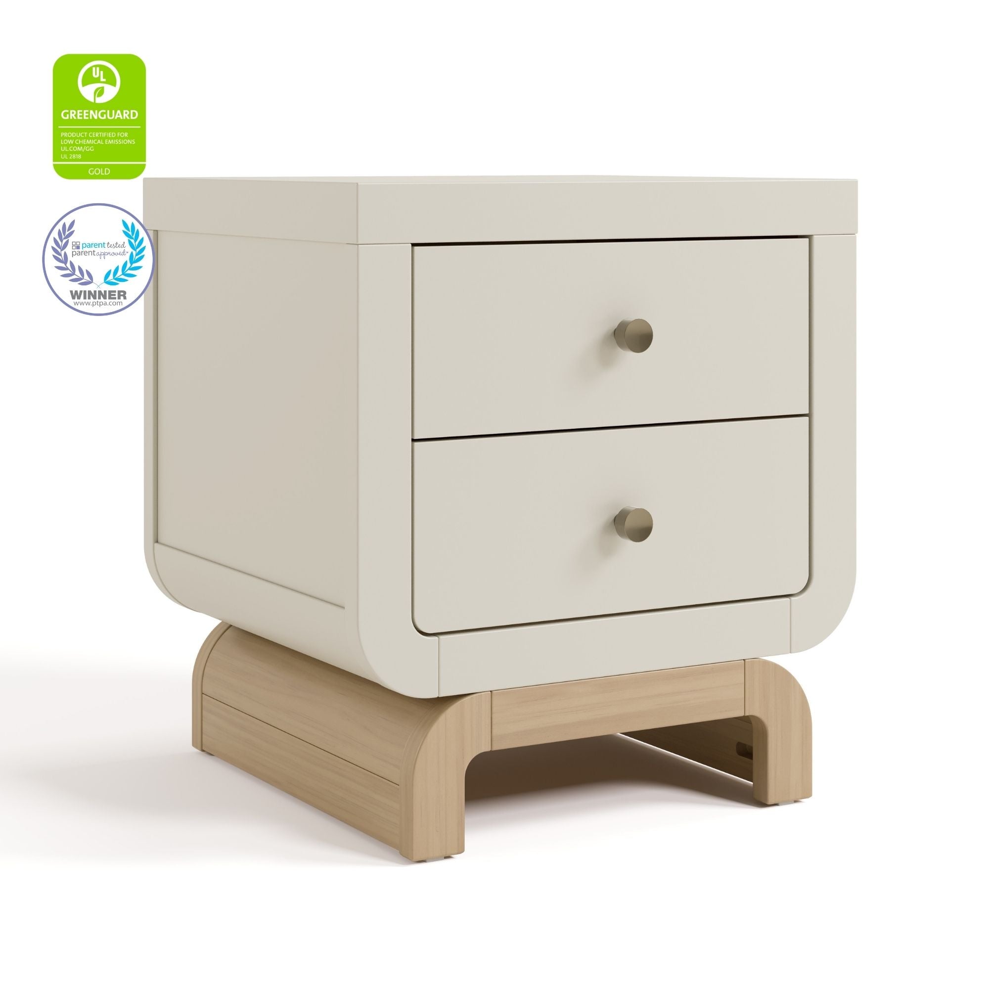 Santorini frosted oat with driftwood 2 drawer nightstand with GGG and PTPA logos on top left