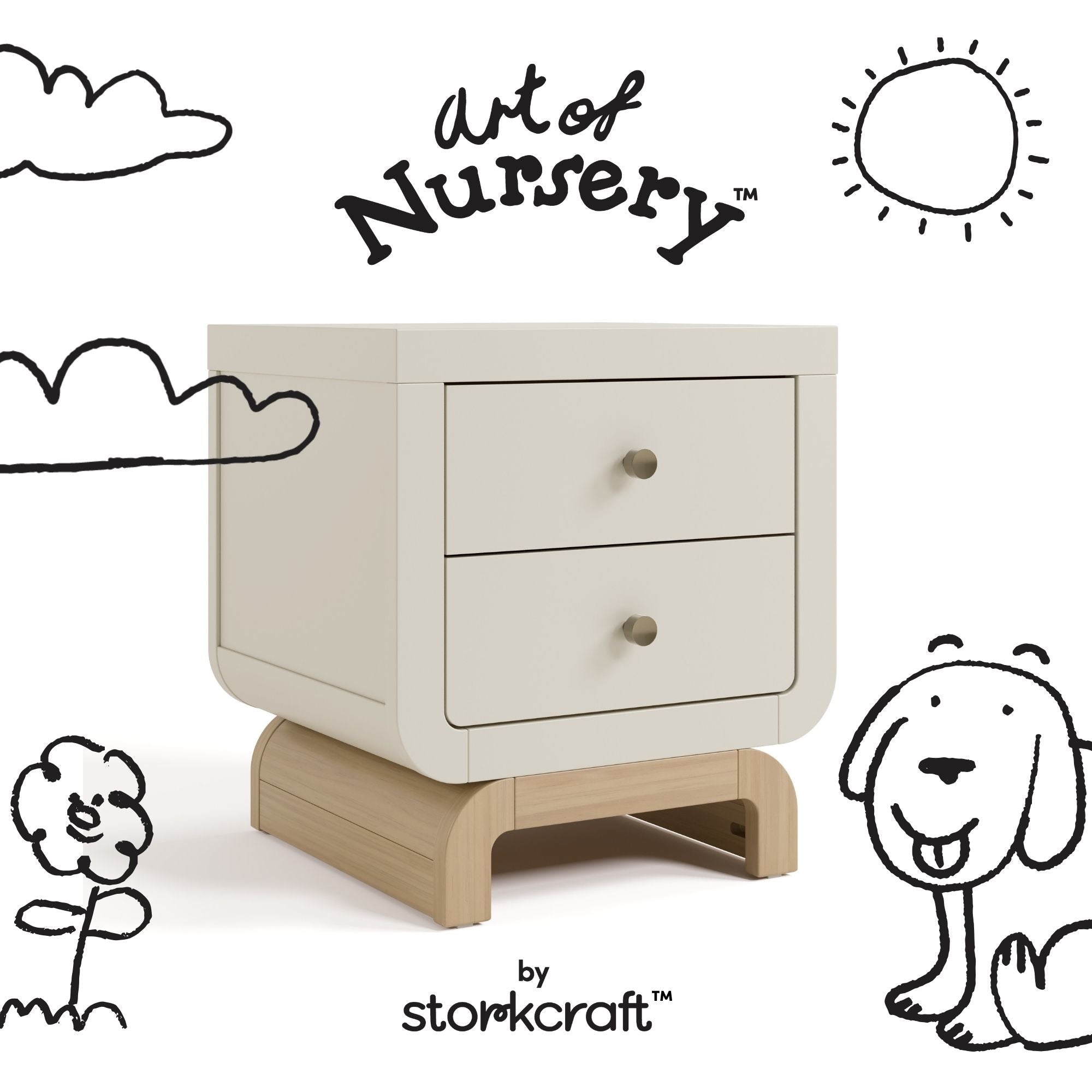 Santorini frosted oat with driftwood 2 drawer nightstand with black doodles overlaid on image