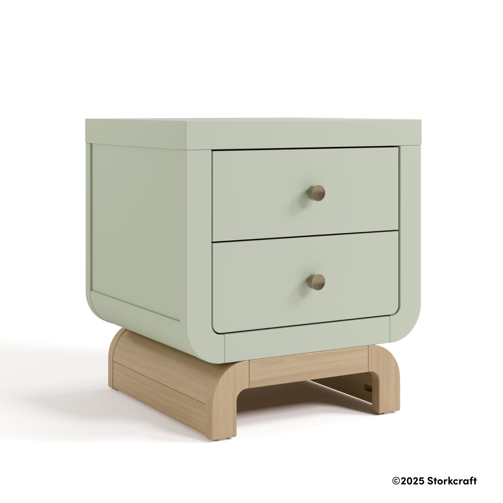Santorini sage with driftwood 2 drawer nightstand with 2025 Storkcraft copyright on bottom right