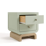 Santorini sage with driftwood 2 drawer nightstand angle view with top drawer open
