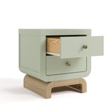 Santorini sage with driftwood 2 drawer nightstand angle view with top drawer open