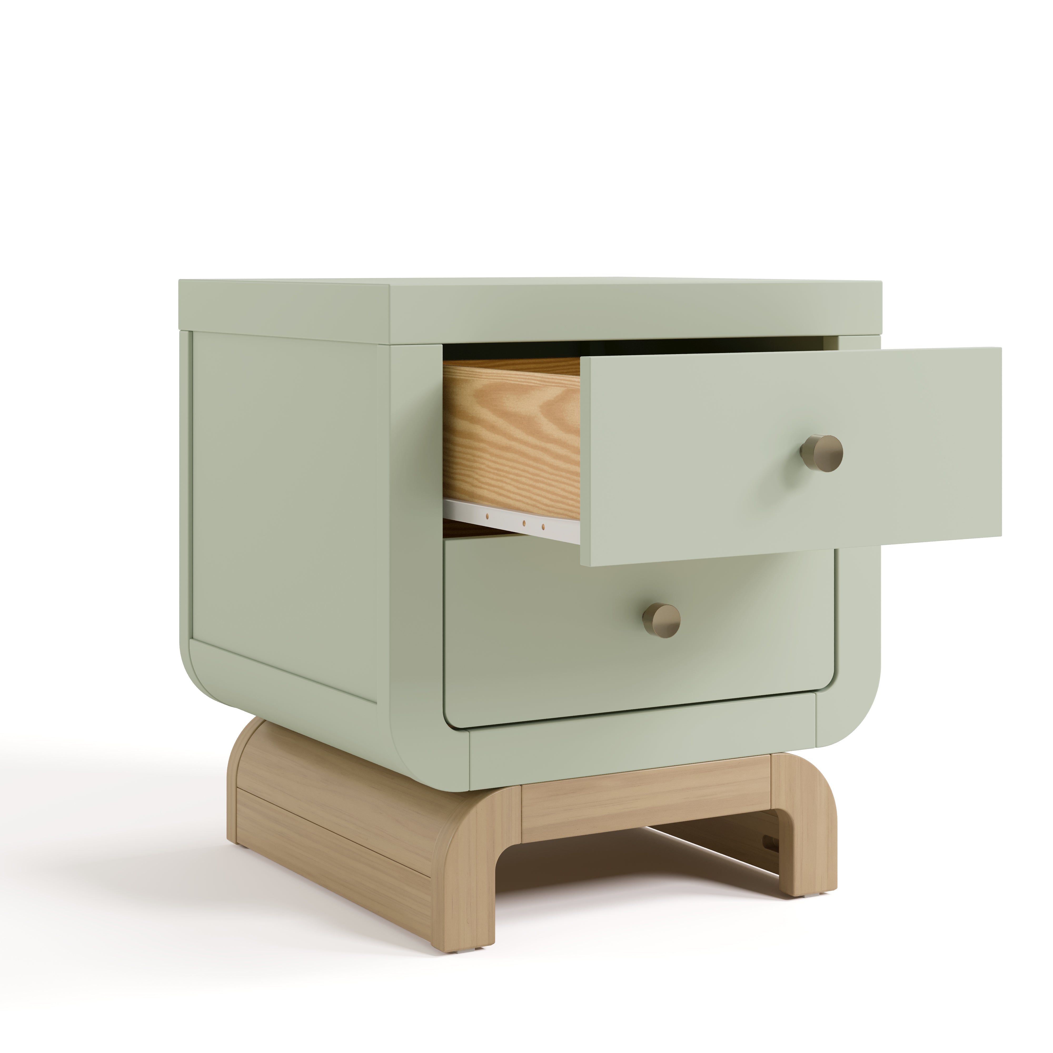 Santorini sage with driftwood 2 drawer nightstand angle view with top drawer open