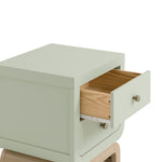 Santorini sage with driftwood 2 drawer nightstand close up view of top drawer open