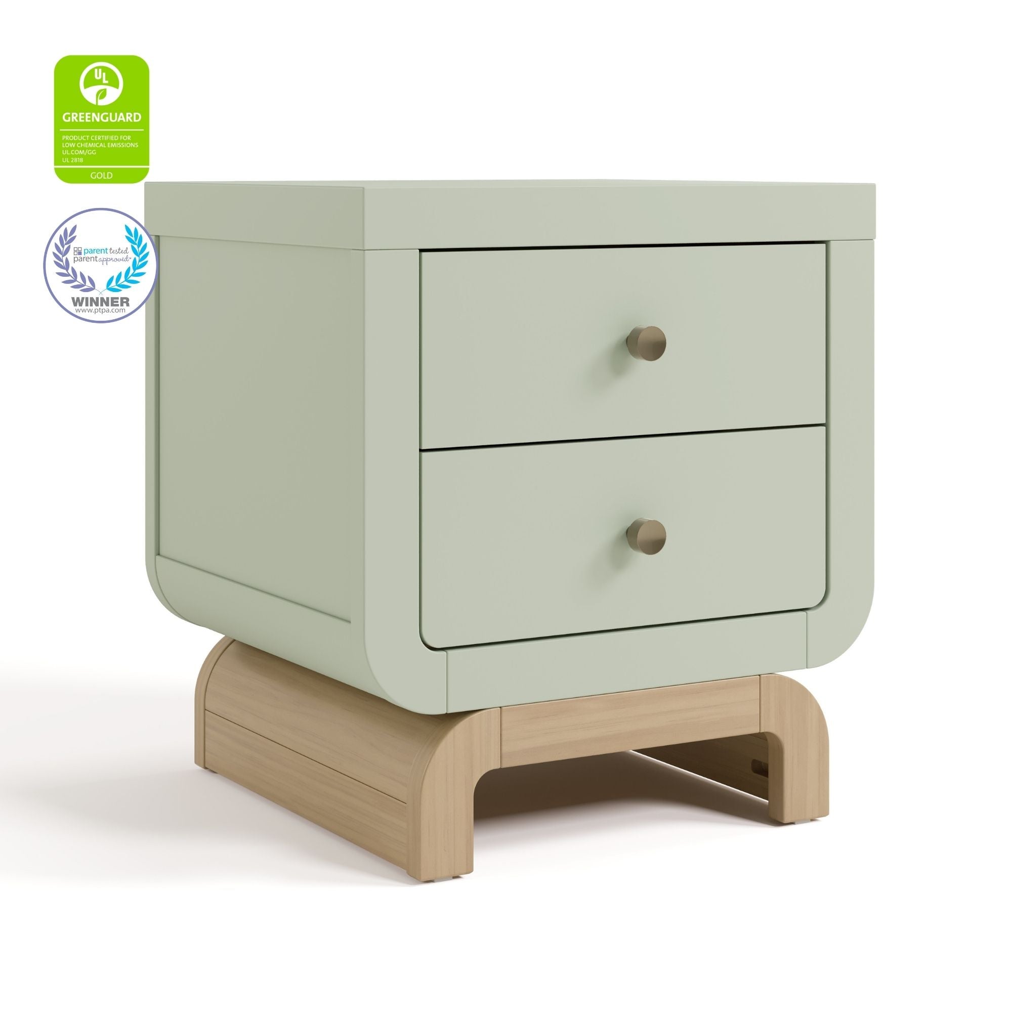Santorini sage with driftwood 2 drawer nightstand with GGG and PTPA logos on top left