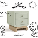 Santorini sage with driftwood 2 drawer nightstand with black doodles overlaid on image
