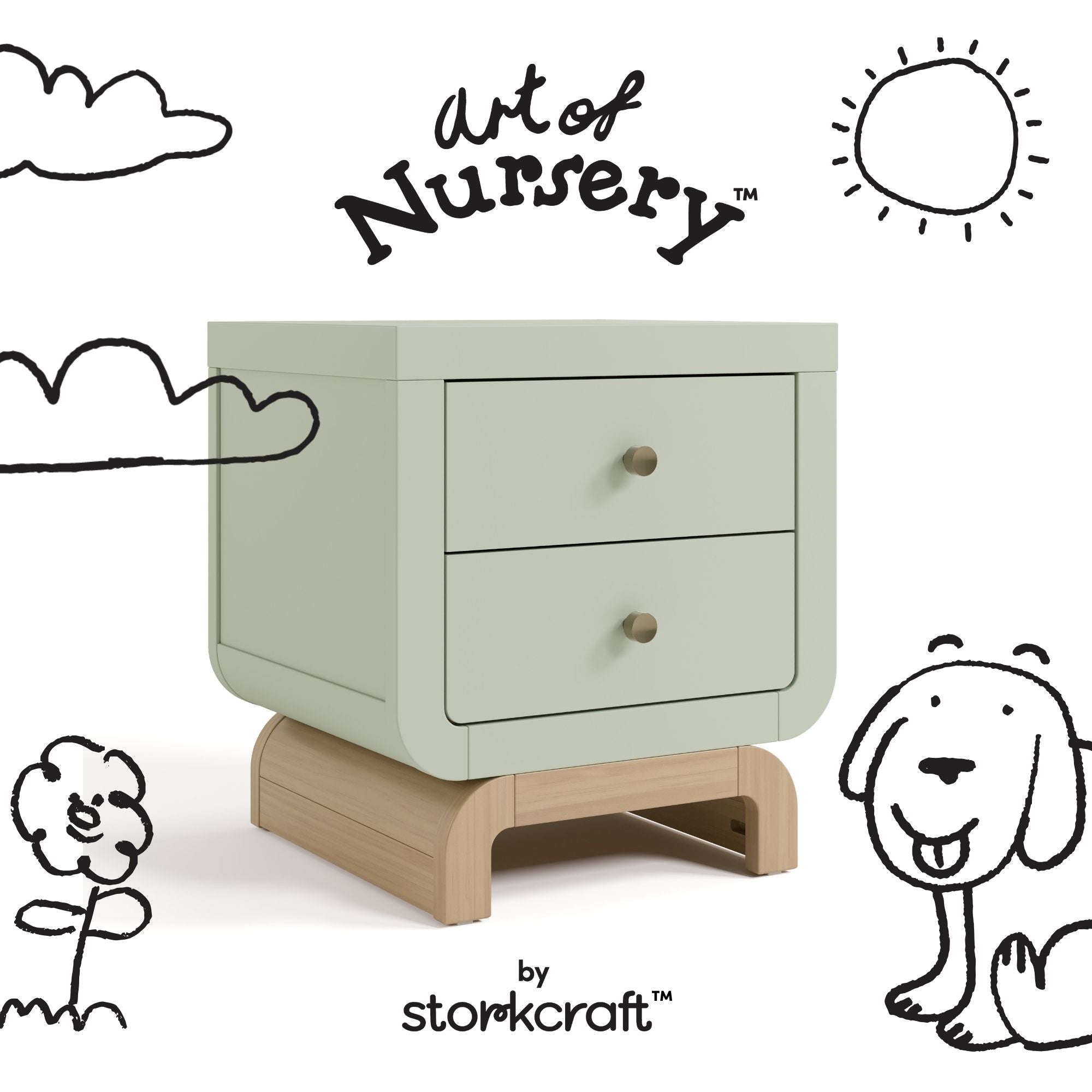 Santorini sage with driftwood 2 drawer nightstand with black doodles overlaid on image