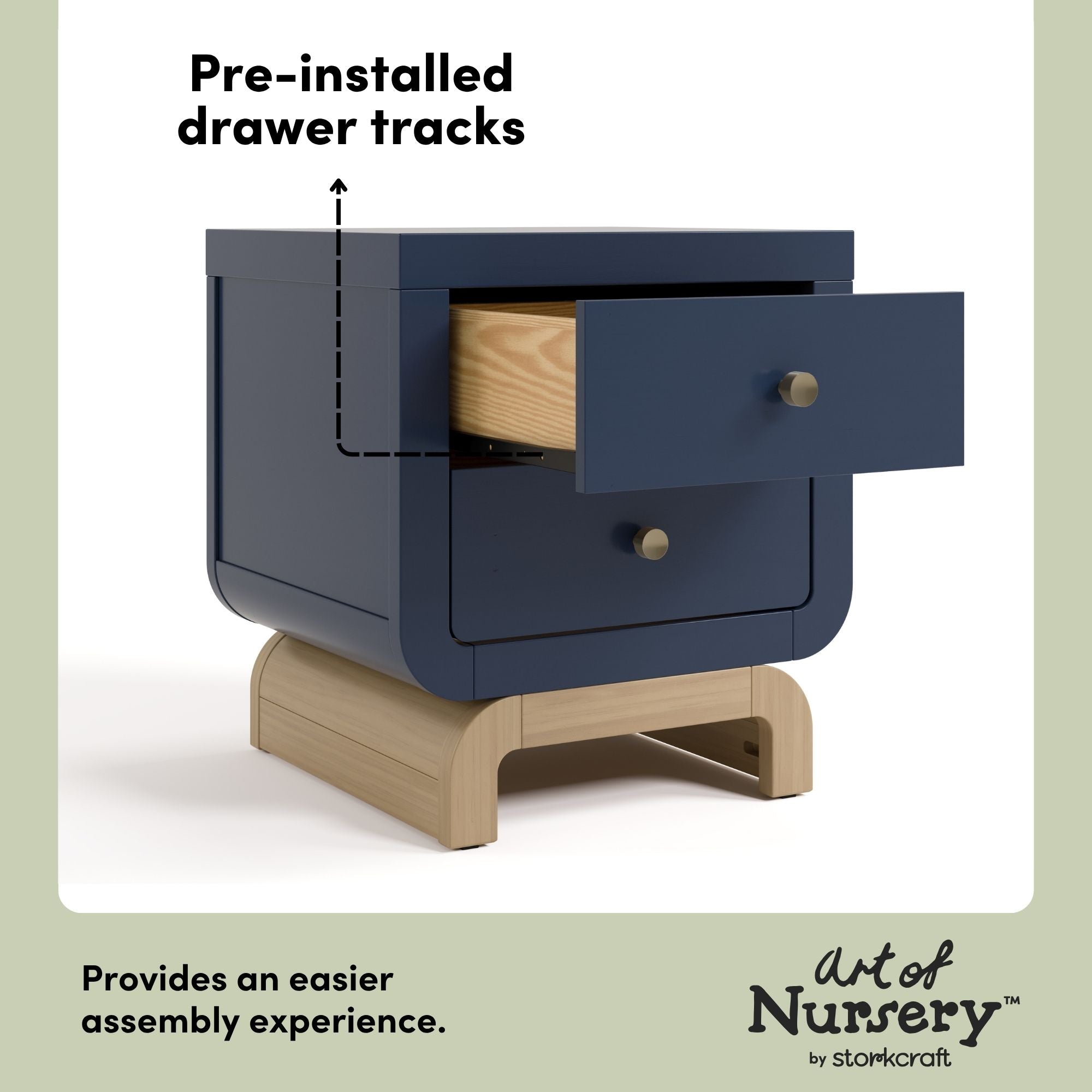 Santorini midnight blue with driftwood 2 drawer nightstand pre-installed drawer tracks callout