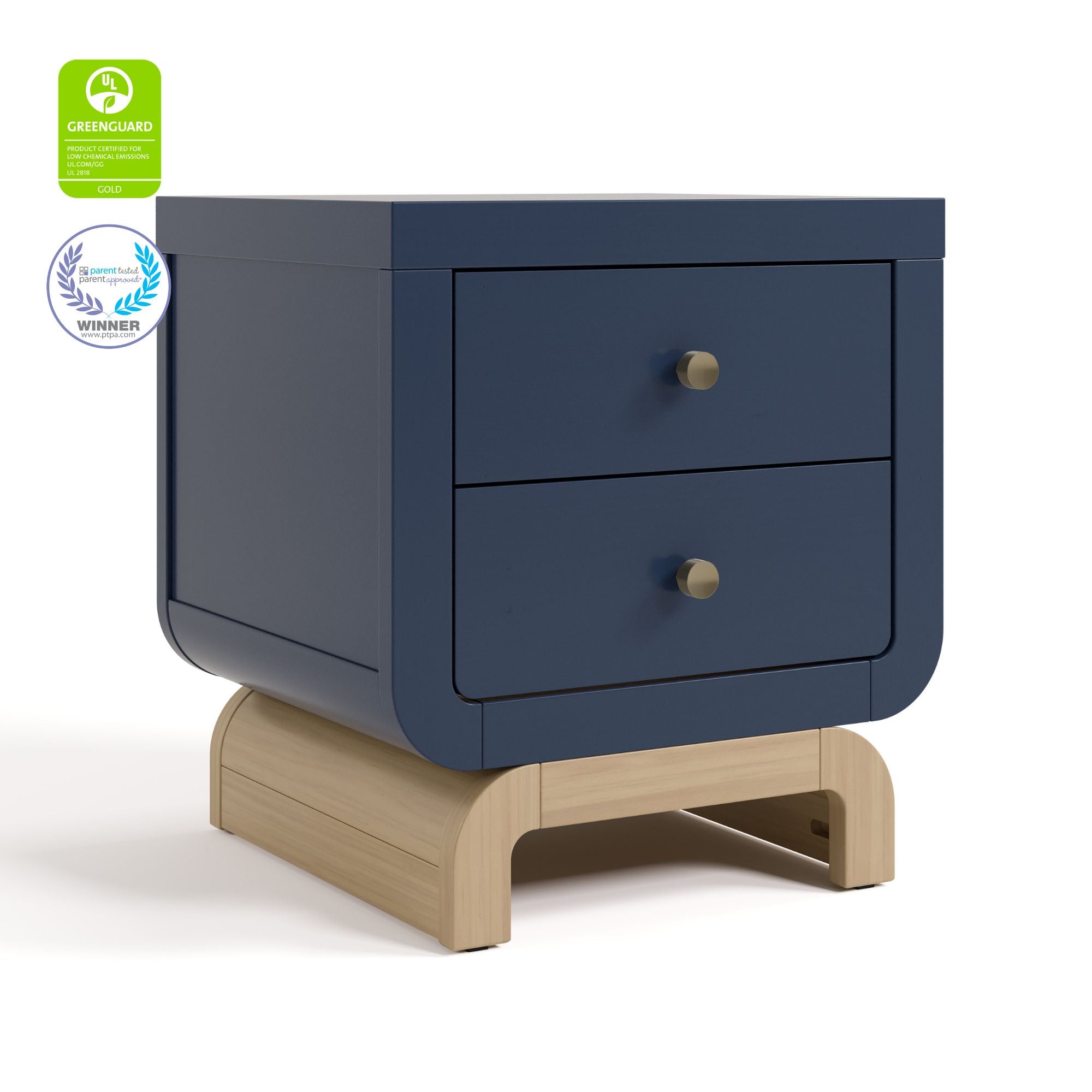 Santorini midnight blue with driftwood 2 drawer nightstand with GGG and PTPA logos on top left