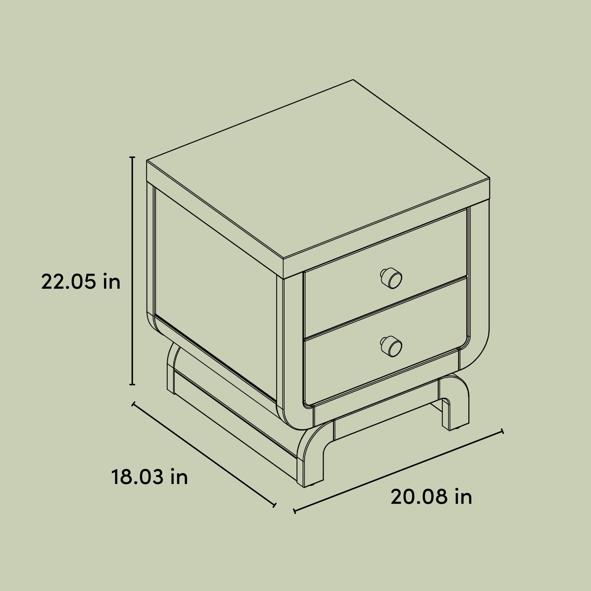 Santorini 2 drawer nightstand drawing with dimensions