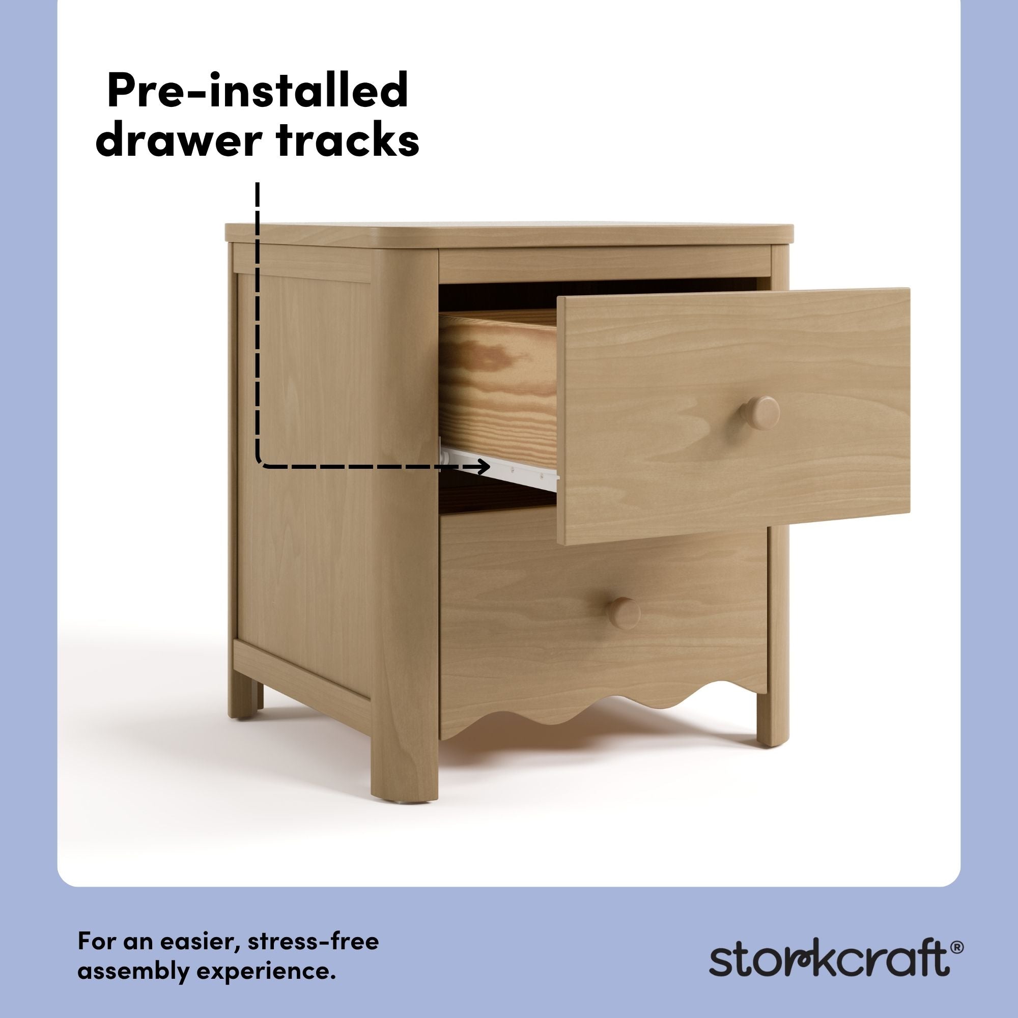 Casablanca driftwood 2 drawer nightstand pre-installed drawer tracks callout