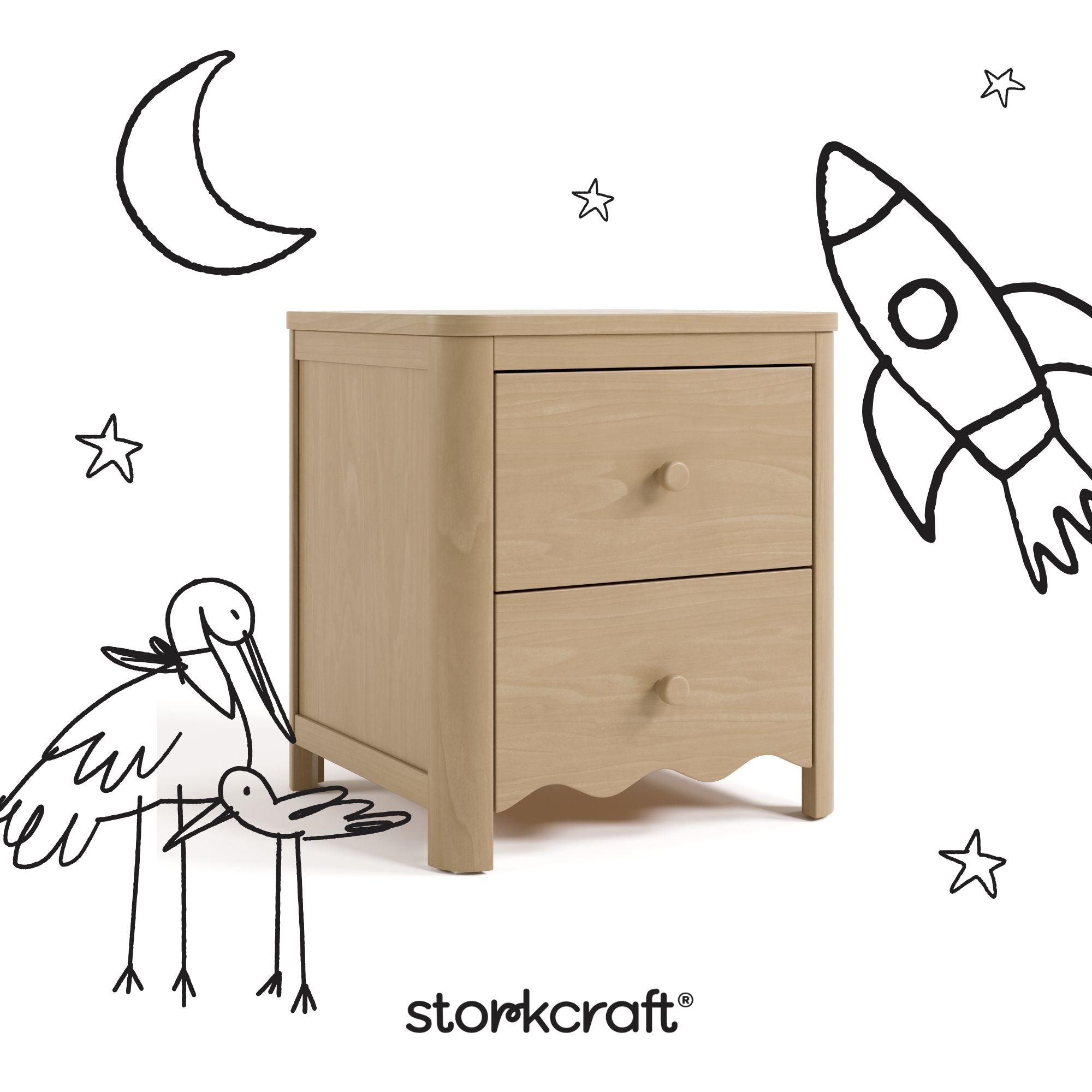 Casablanca driftwood 2 drawer nightstand with black doodles overlaid on image