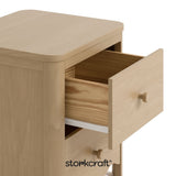 Casablanca driftwood 2 drawer nightstand close up of top drawer open with black Storkcraft logo on bottom