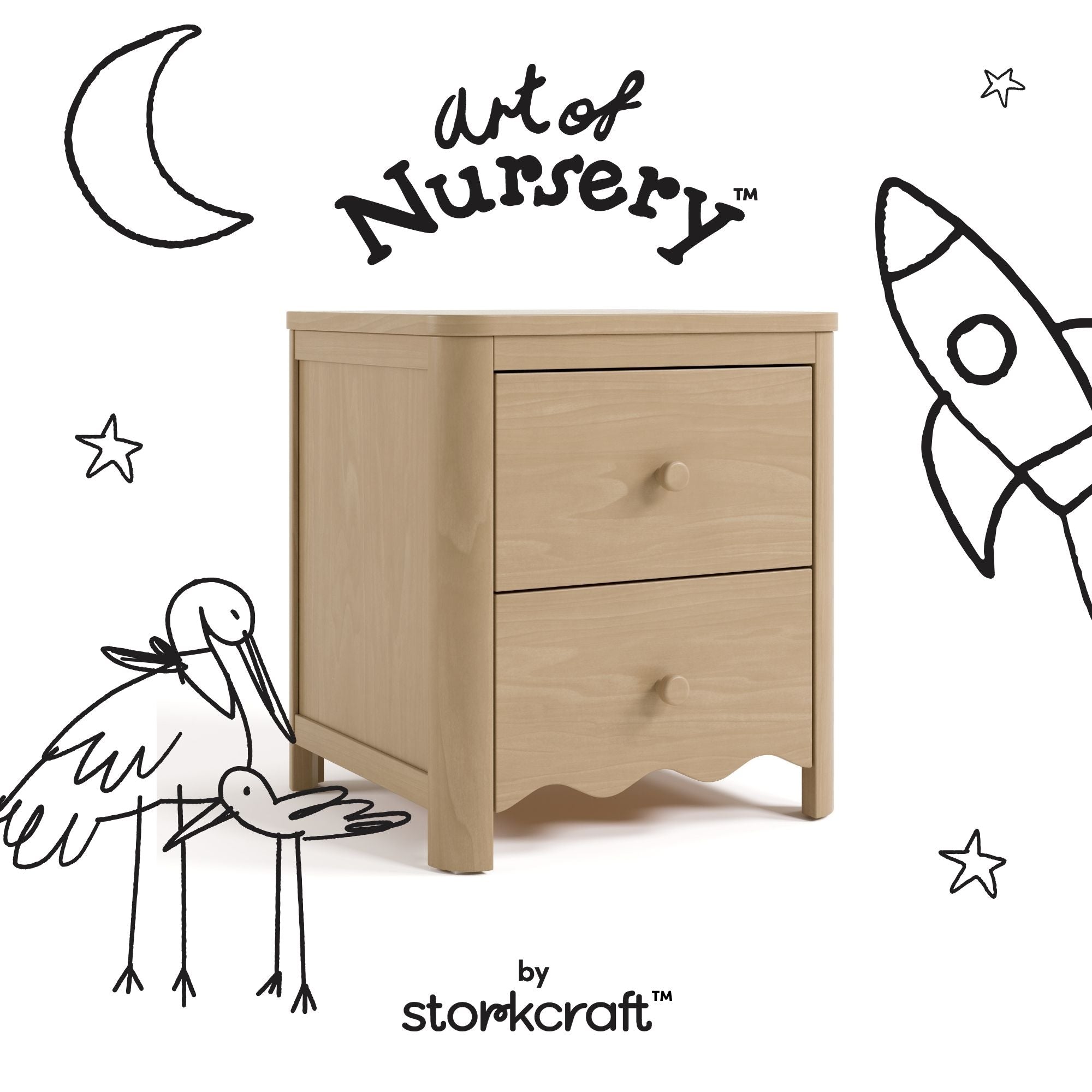 Casablanca driftwood 2 drawer nightstand with black doodles overlaid on image