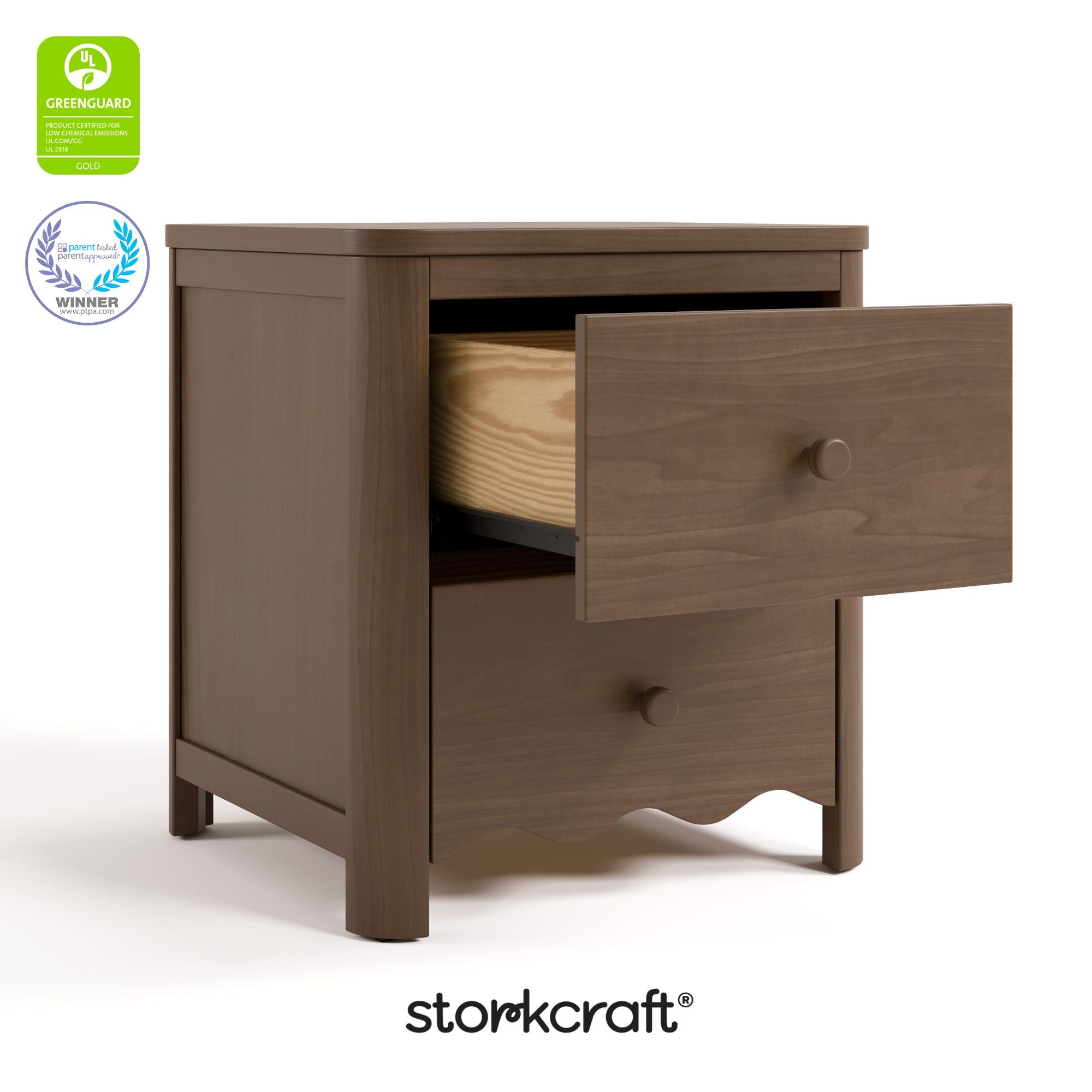 Casablanca hazelnut 2 drawer nightstand with GGG and PTPA logo on top left