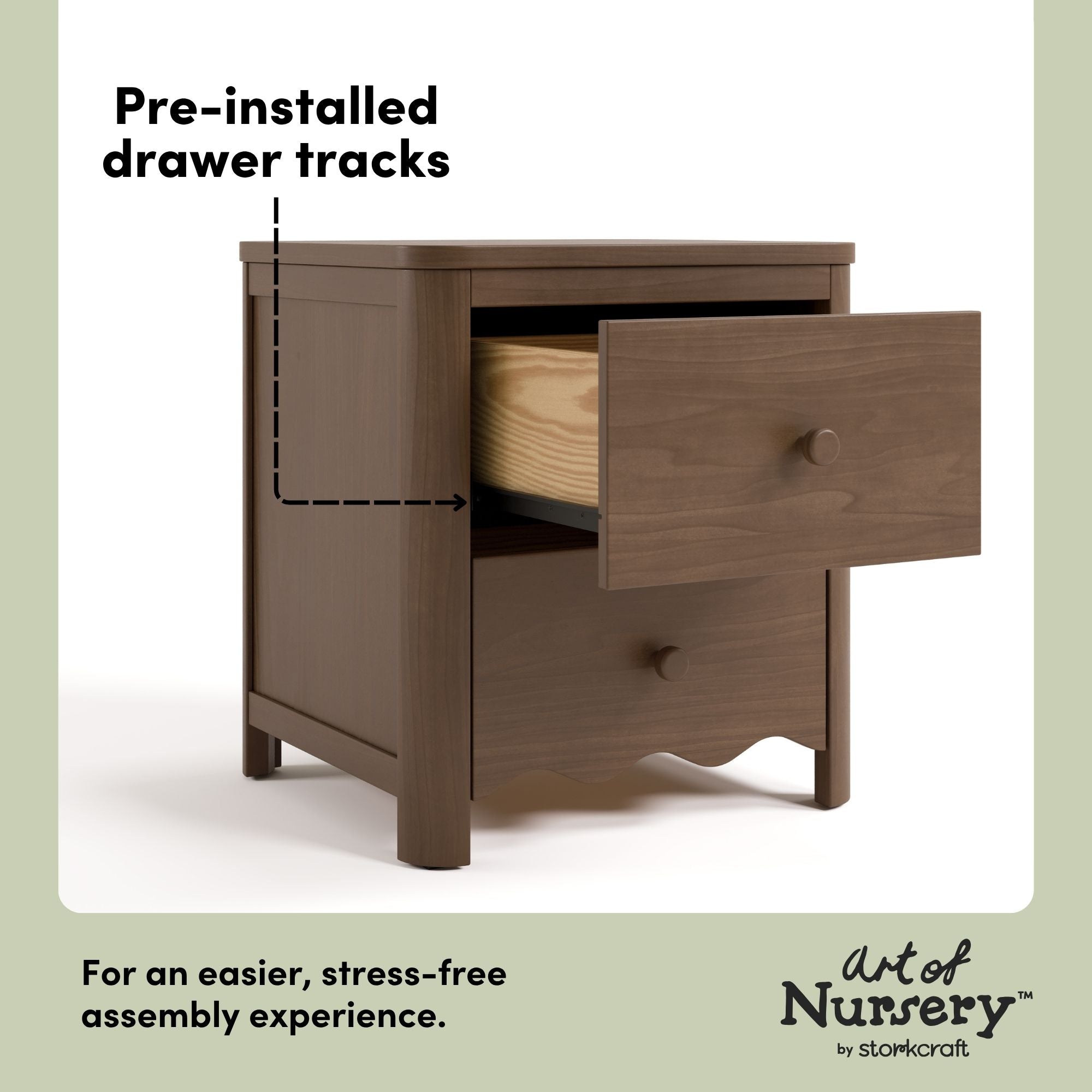 Casablanca hazelnut 2 drawer nightstand pre-installed drawer tracks callout