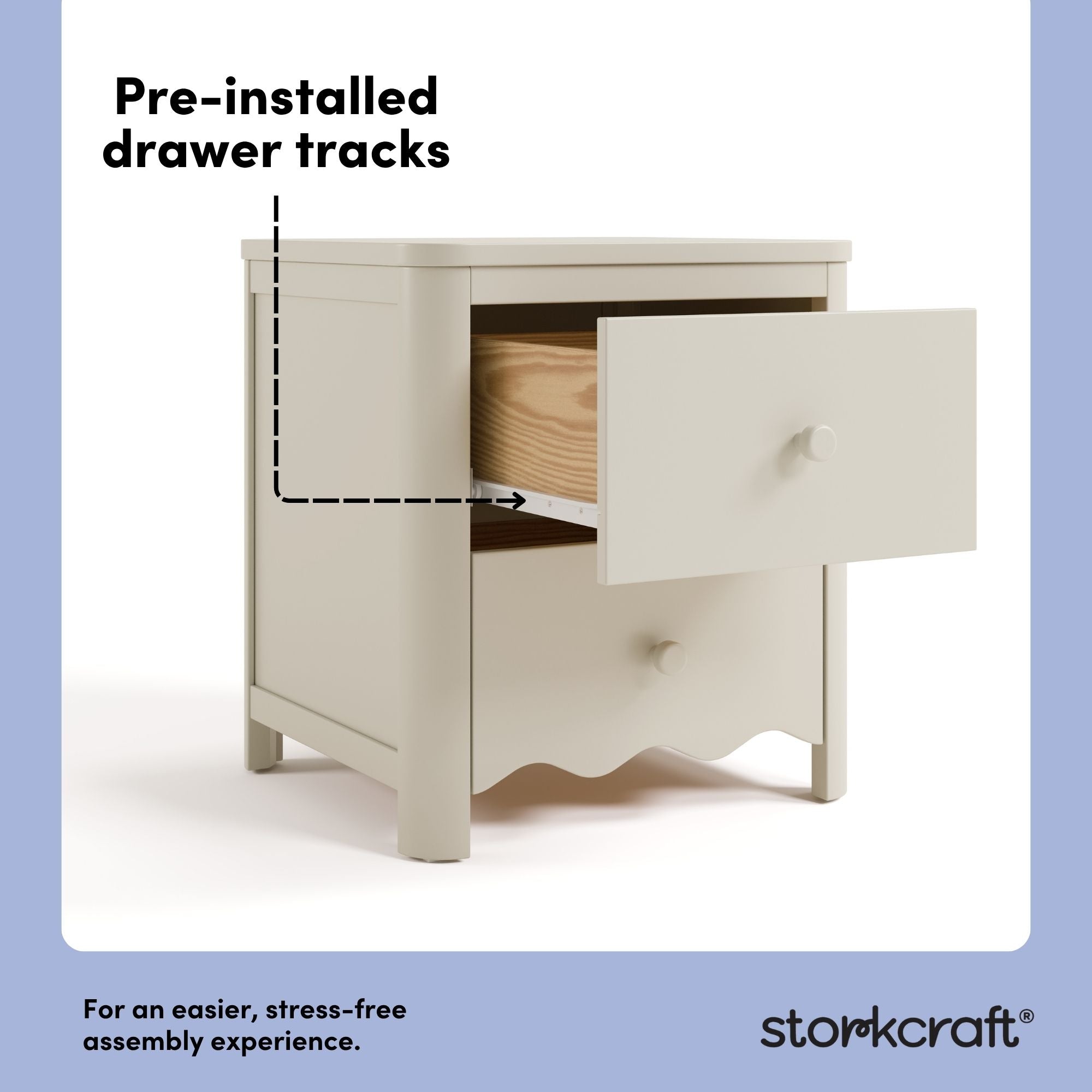 Casablanca frosted oat 2 drawer nightstand pre-installed drawer tracks callout