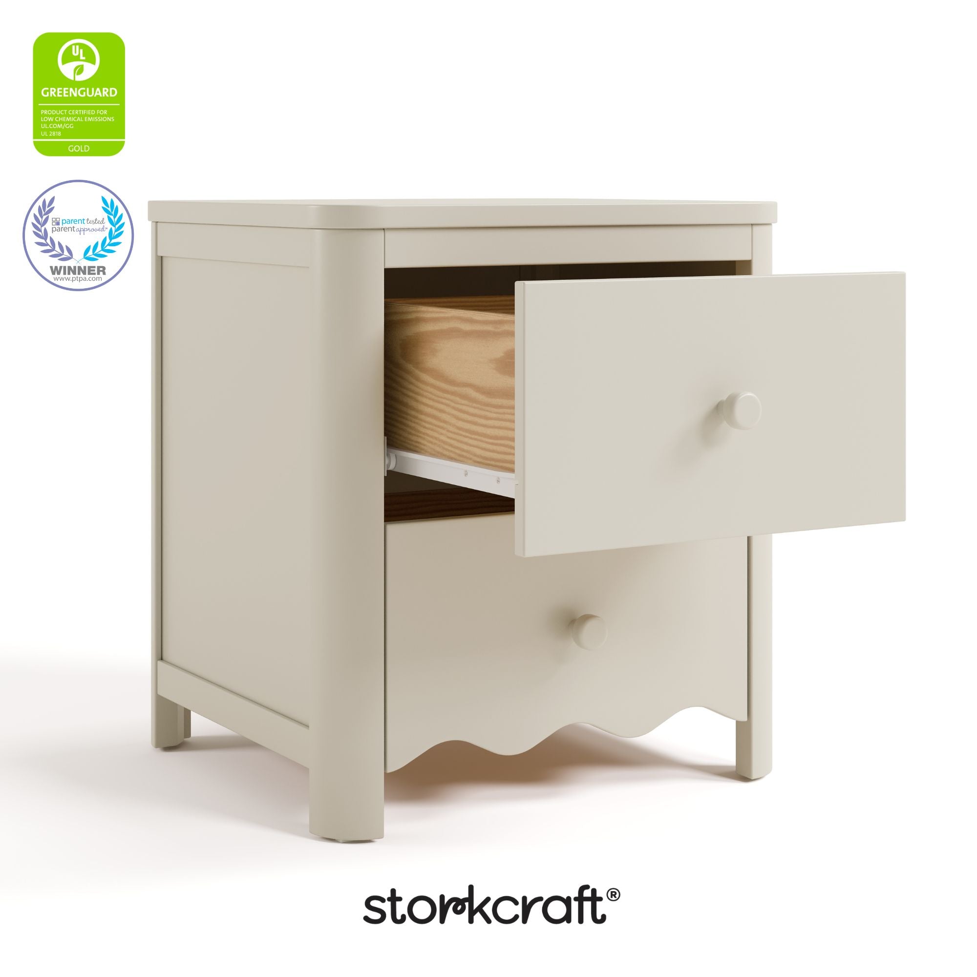 Casablanca frosted oat 2 drawer nightstand with GGG and PTPA logo on top left