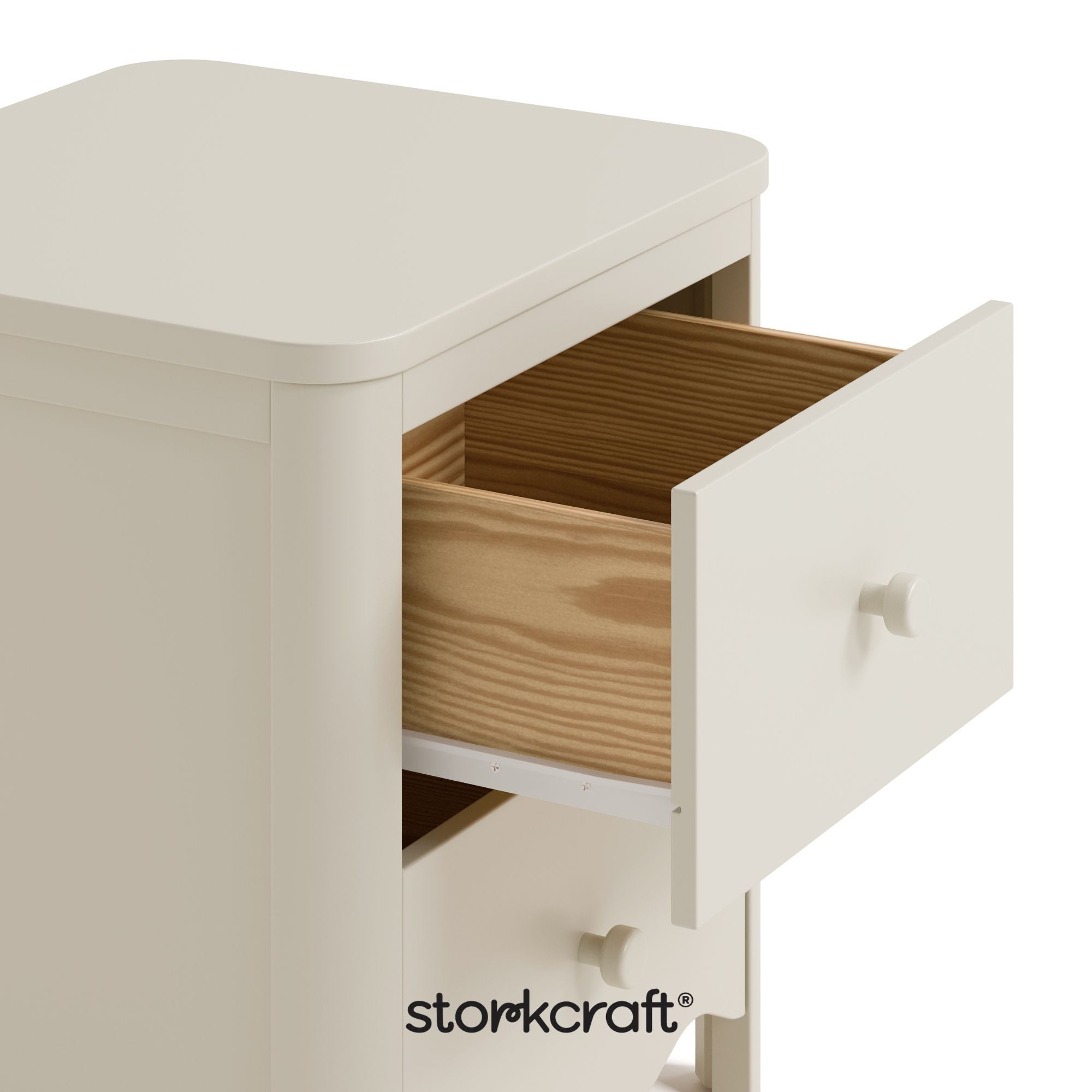 Casablanca frosted oat 2 drawer nightstand close up of top drawer open with black Storkcraft logo on bottom