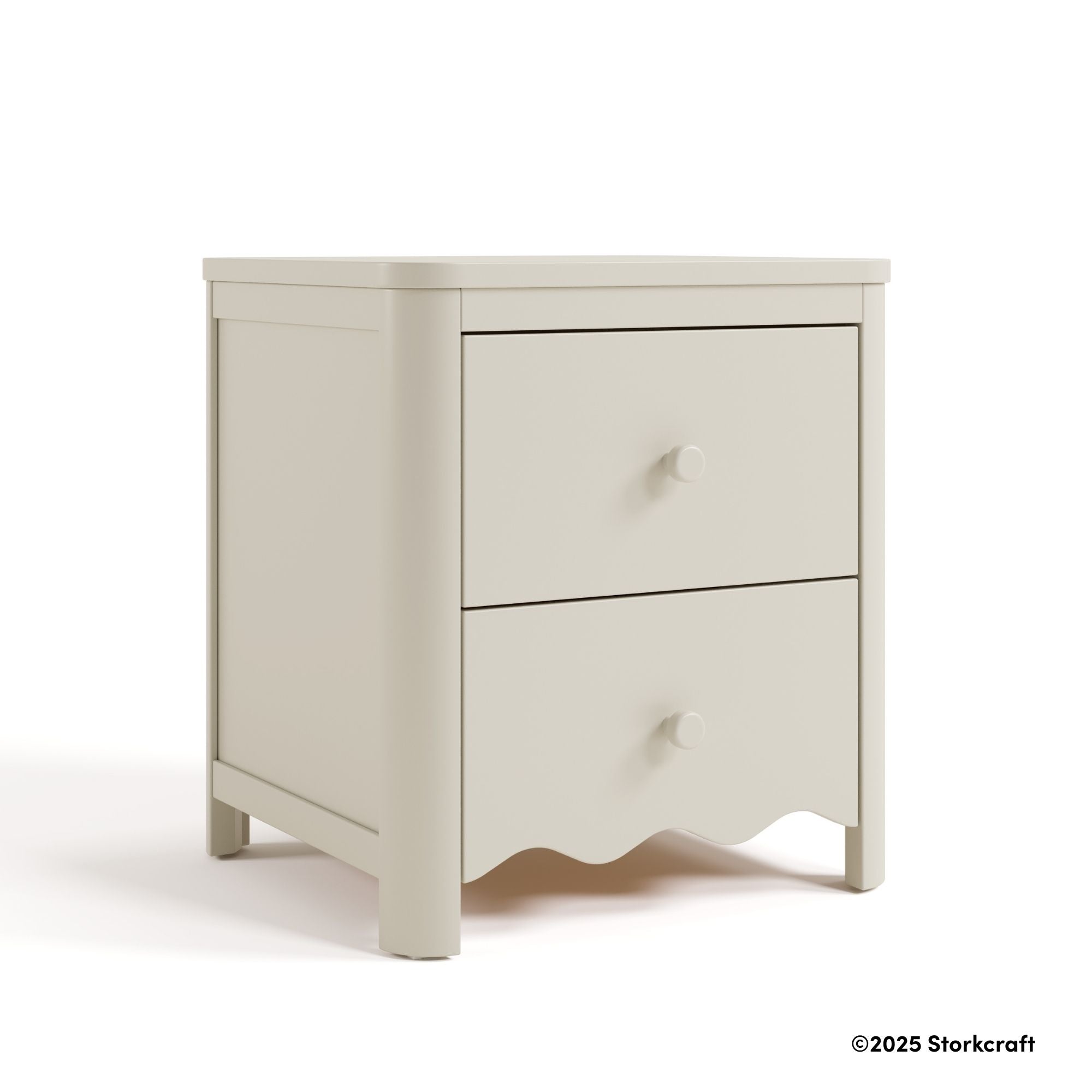 Casablanca frosted oat 2 drawer nightstand with 2025 Storkcraft copyright on bottom right
