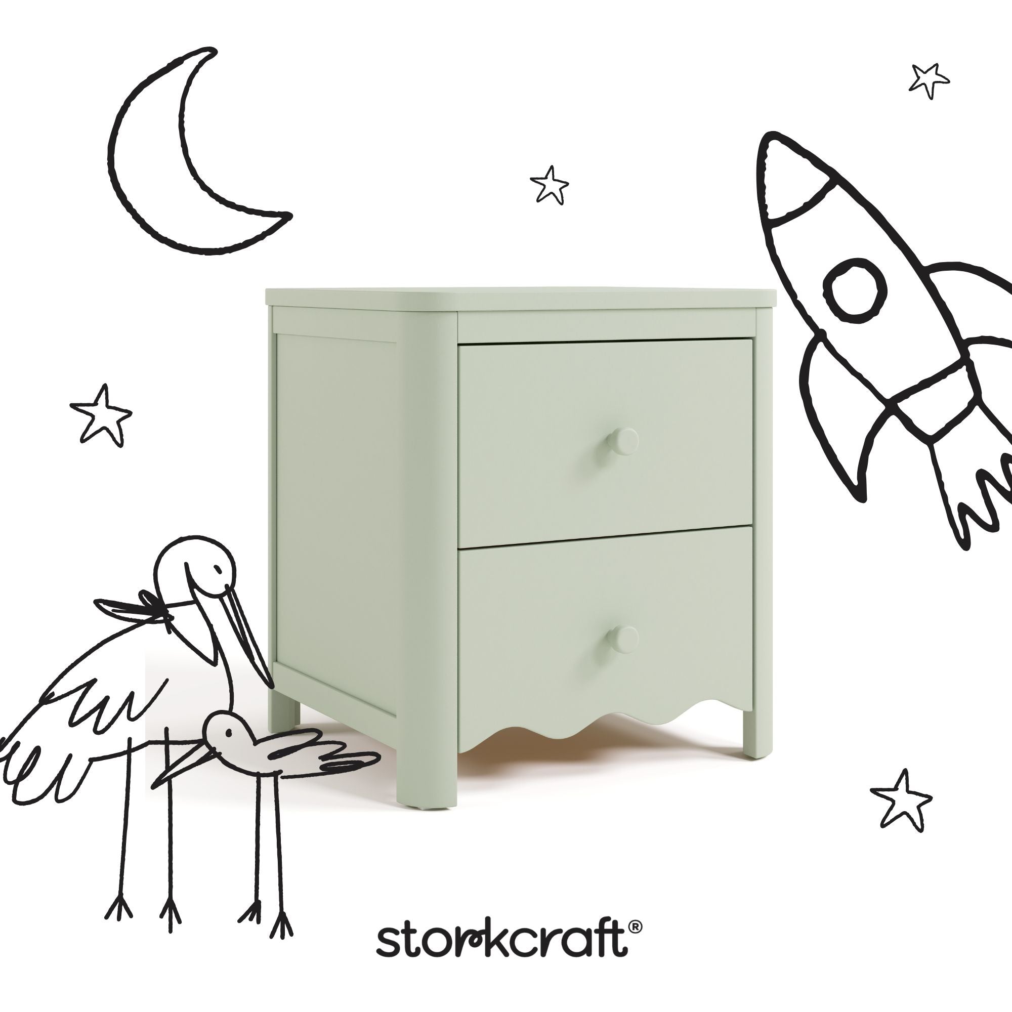 Casablanca sage 2 drawer nightstand with black doodles overlaid on image