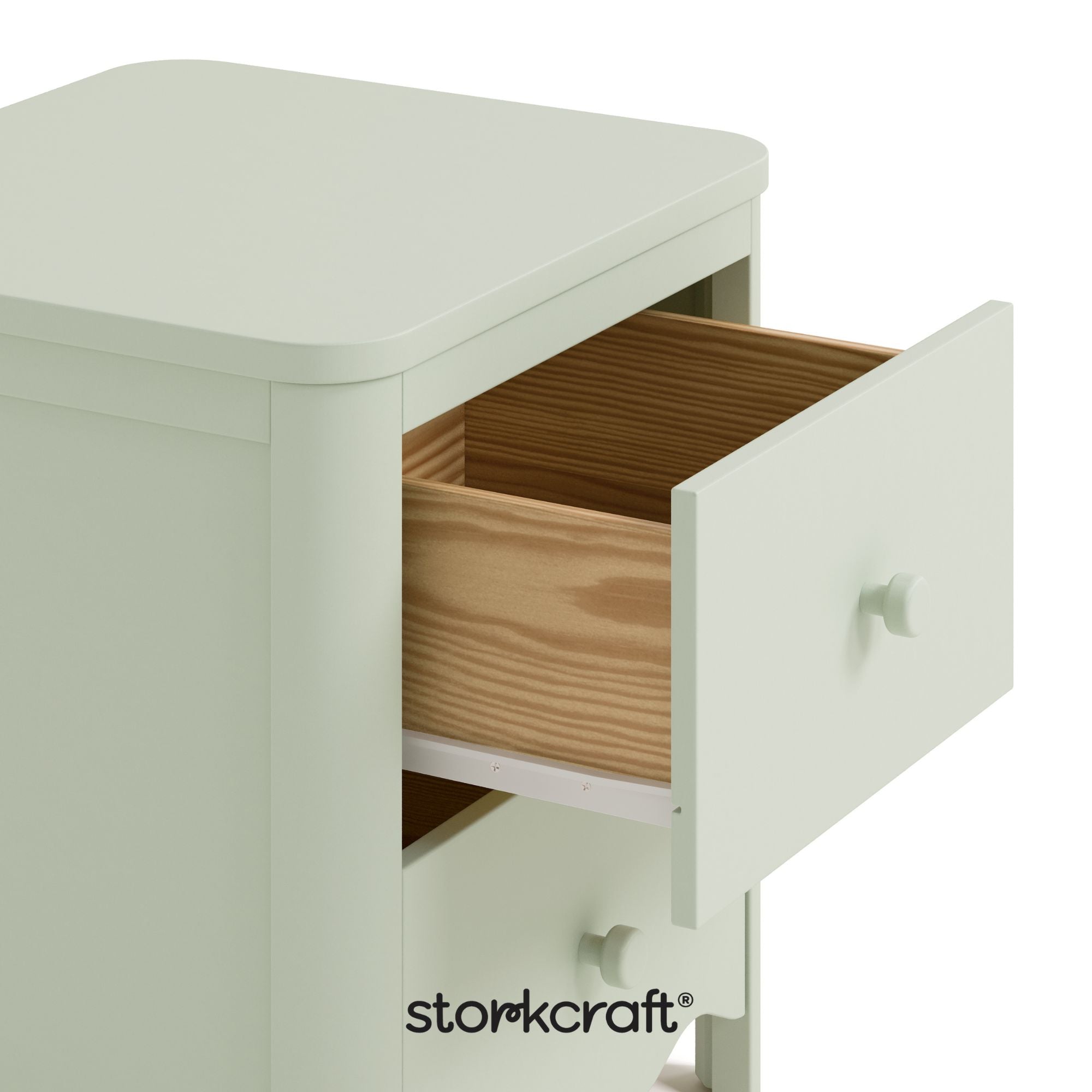 Casablanca sage 2 drawer nightstand close up of top drawer open with black Storkcraft logo on bottom