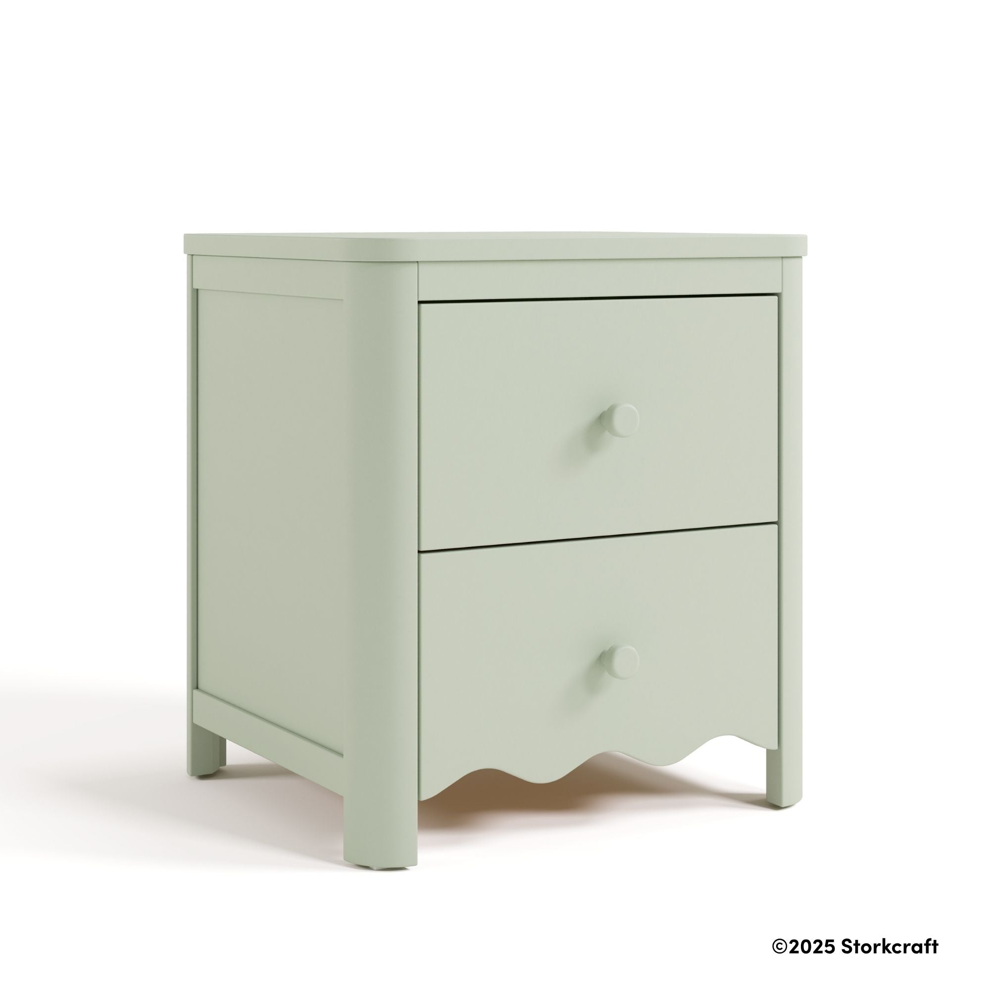 Casablanca sage 2 drawer nightstand with 2025 Storkcraft copyright on bottom right