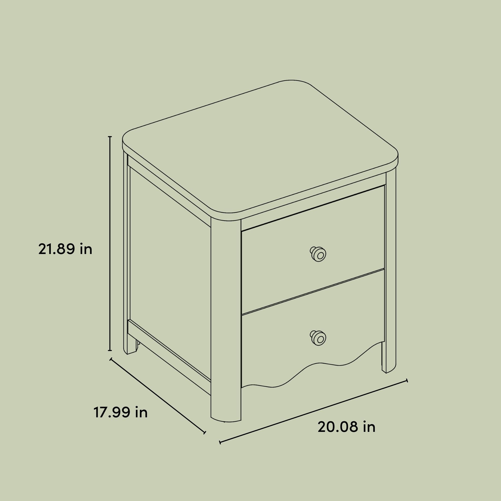 Casablanca 2 drawer nightstand line drawing with dimensions