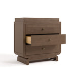 Santorini hazelnut 3 drawer chest with changing topper with middle drawer open angle view