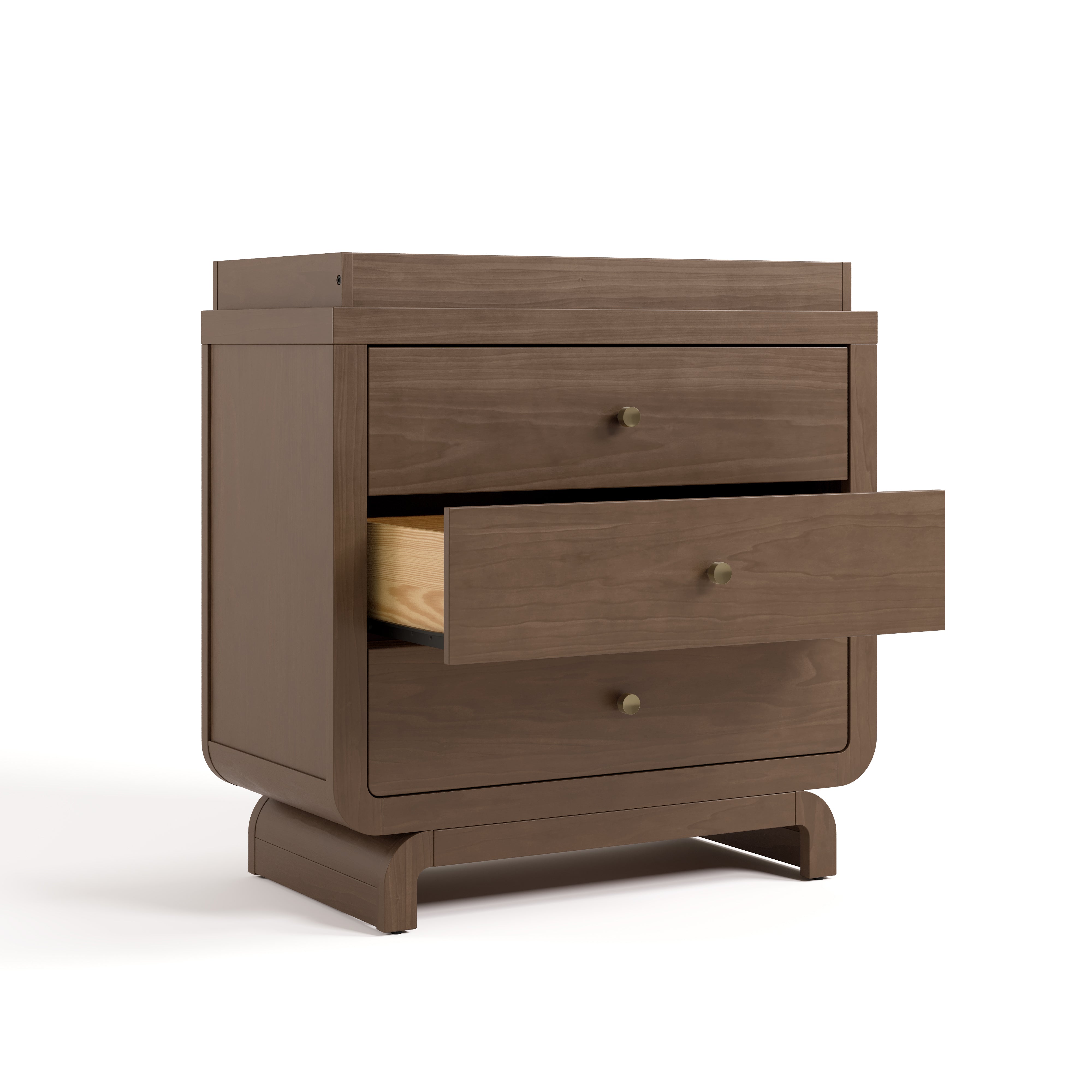 Santorini hazelnut 3 drawer chest with changing topper with middle drawer open angle view