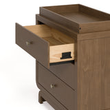 Santorini hazelnut 3 drawer chest with changing topper close up of top drawer open