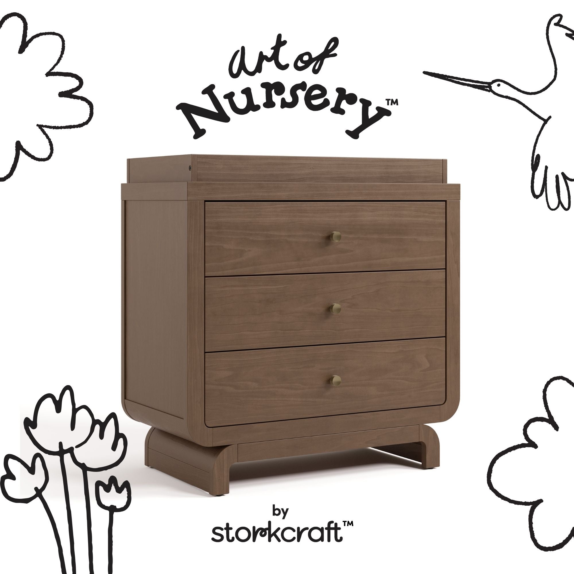 Santorini hazelnut 3 drawer chest with changing topper with black doodles overlaid on image
