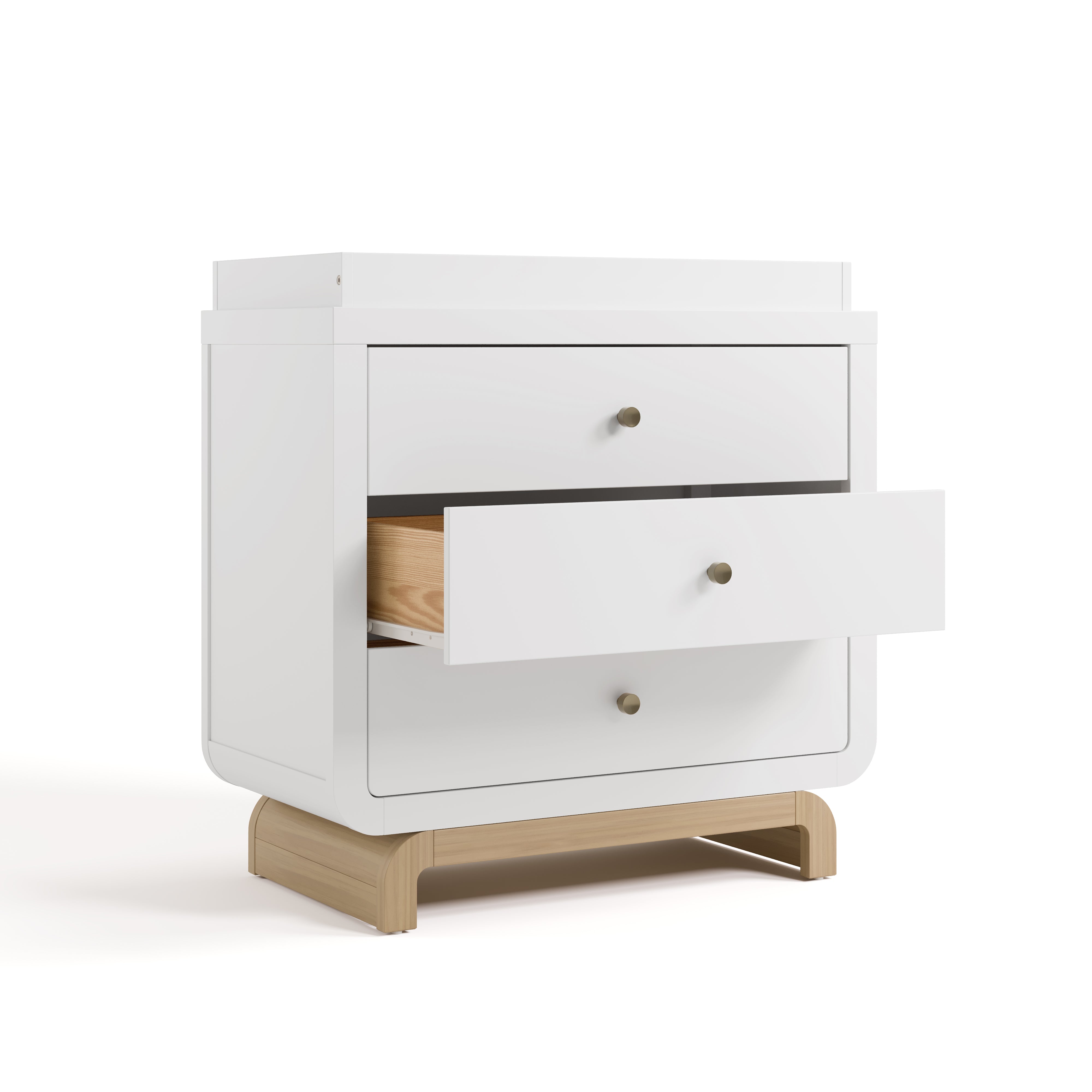 Storkcraft® Santorini® 3 Drawer Chest with Removable Changing Topper angle view with middle drawer open